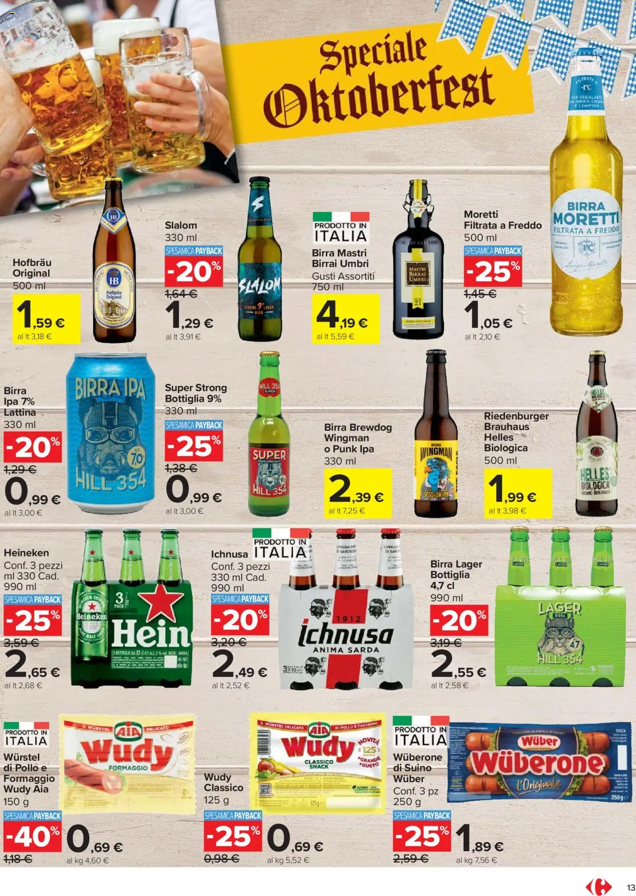 Volantino Carrefour del 15.09.2025 | Pagina: 13 | Prodotti: Suino, Wurstel, Birra Moretti, Bottiglia