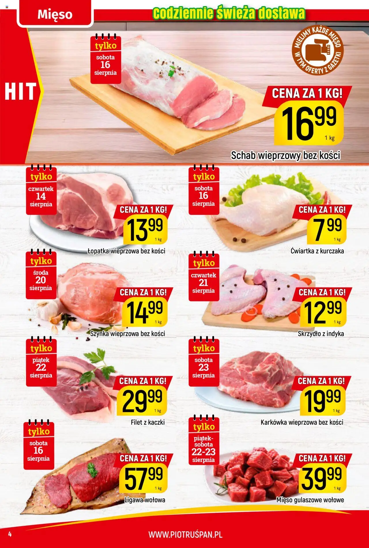 Piotruś Pan Gazetka od 14.08.2025 | Strona: 4 | Produkty: Mięso, Schab wieprzowy bez kości, Filet z kaczki, Ćwiartka z kurczaka