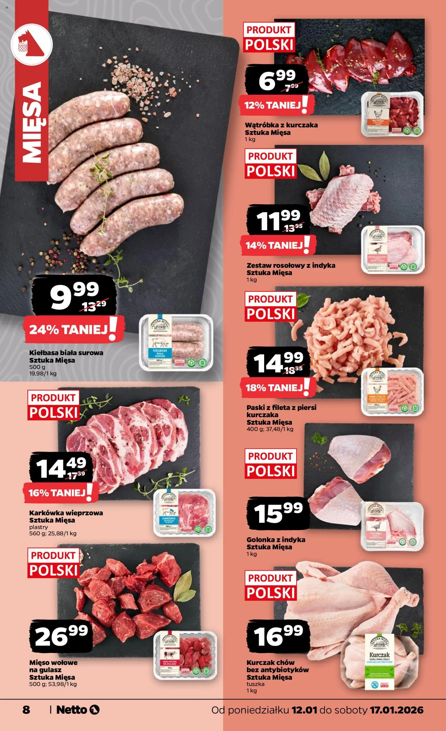 Netto gazetka - Spożywcza od 12.01.2026 | Strona: 8 | Produkty: Kiełbasa, Karkówka, Piersi, Mięso