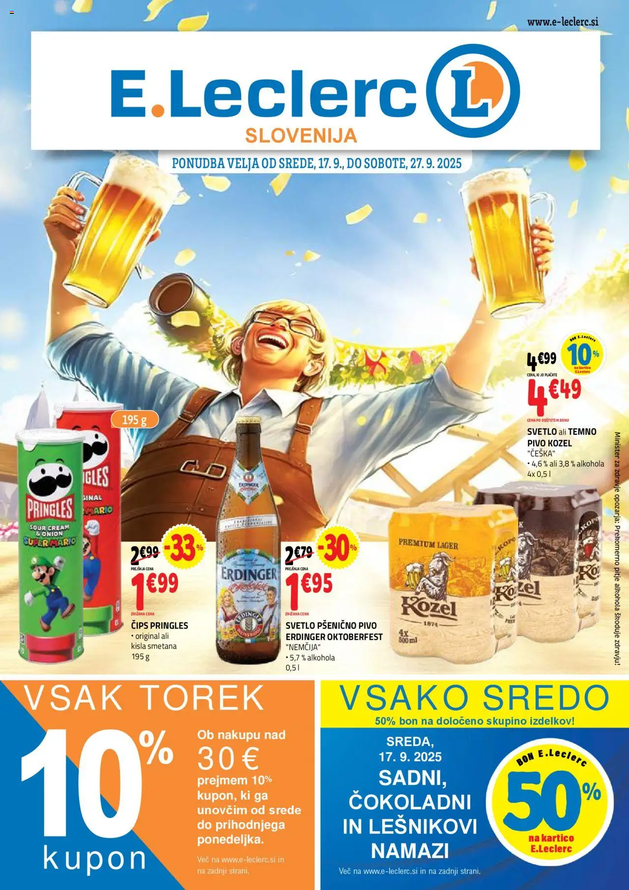 Novi E.leclerc katalog ponudbe – veljaven od 17.09.2025 | Stran: 1 | Izdelki: Pivo, Kisla smetana, Cips, Smetana