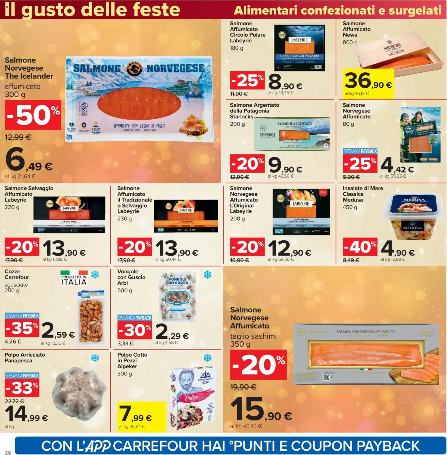 Volantino Carrefour del 16.12.2025 | Pagina: 26 | Prodotti: Salmone affumicato, Salmone, Cozze, The