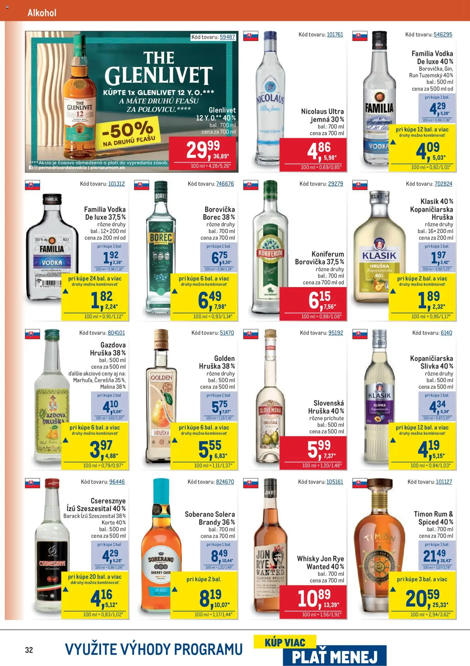 Nové Metro akcie – leták je platný od 11.03.2026 | Strana: 32 | Produkty: Borovička, Soberano, Whisky, Alkohol