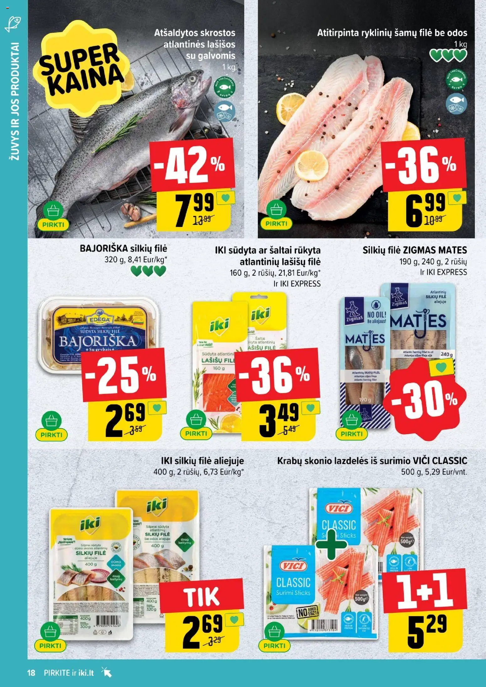 IKI akcijos nuo 01.05.2026 | Puslapis: 18 | Prekių: Silkių filė, Lašišos