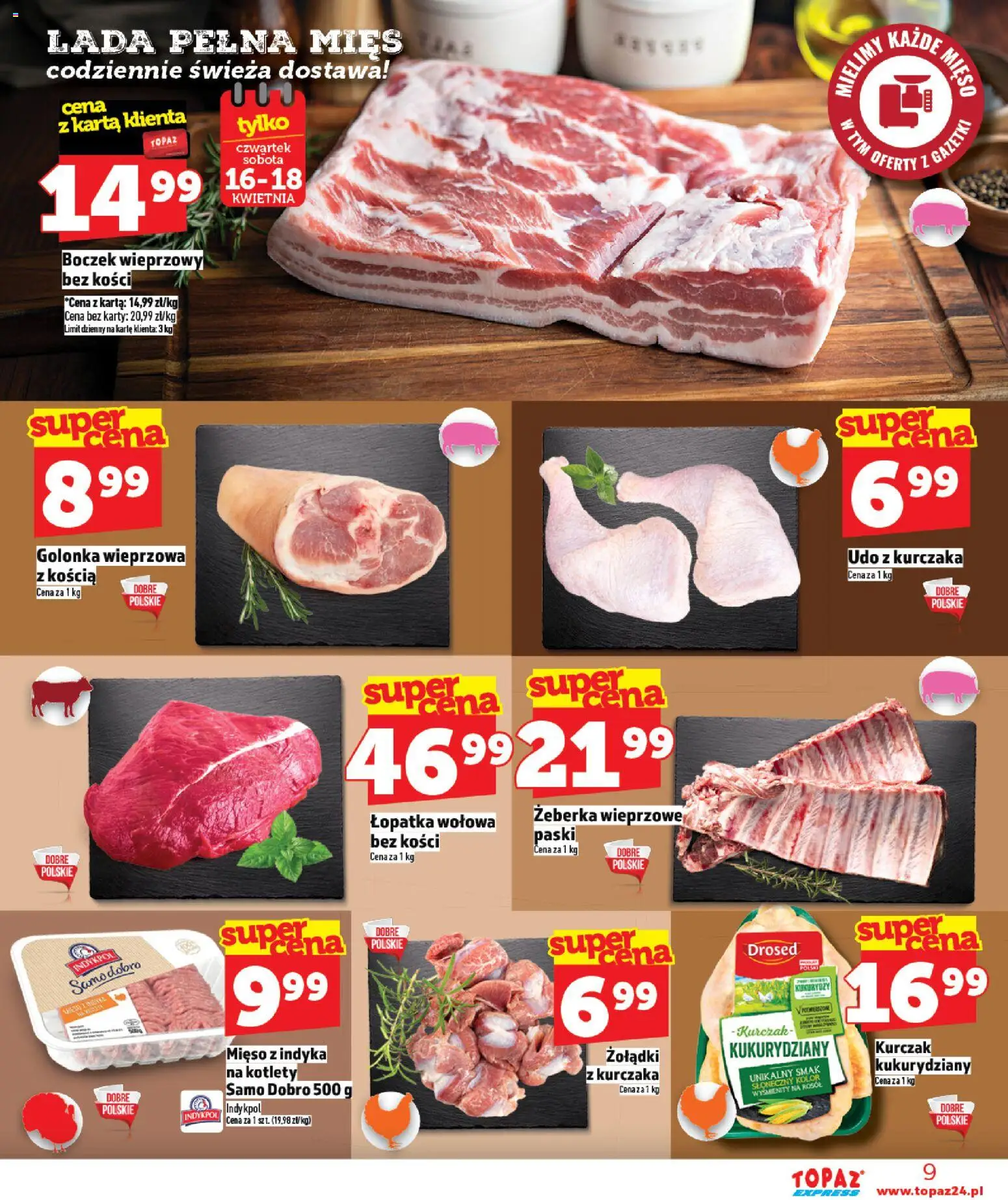 Topaz gazetka - Express od 16.04.2026 | Strona: 9 | Produkty: Karta, Kurczak, Golonka wieprzowa, Boczek