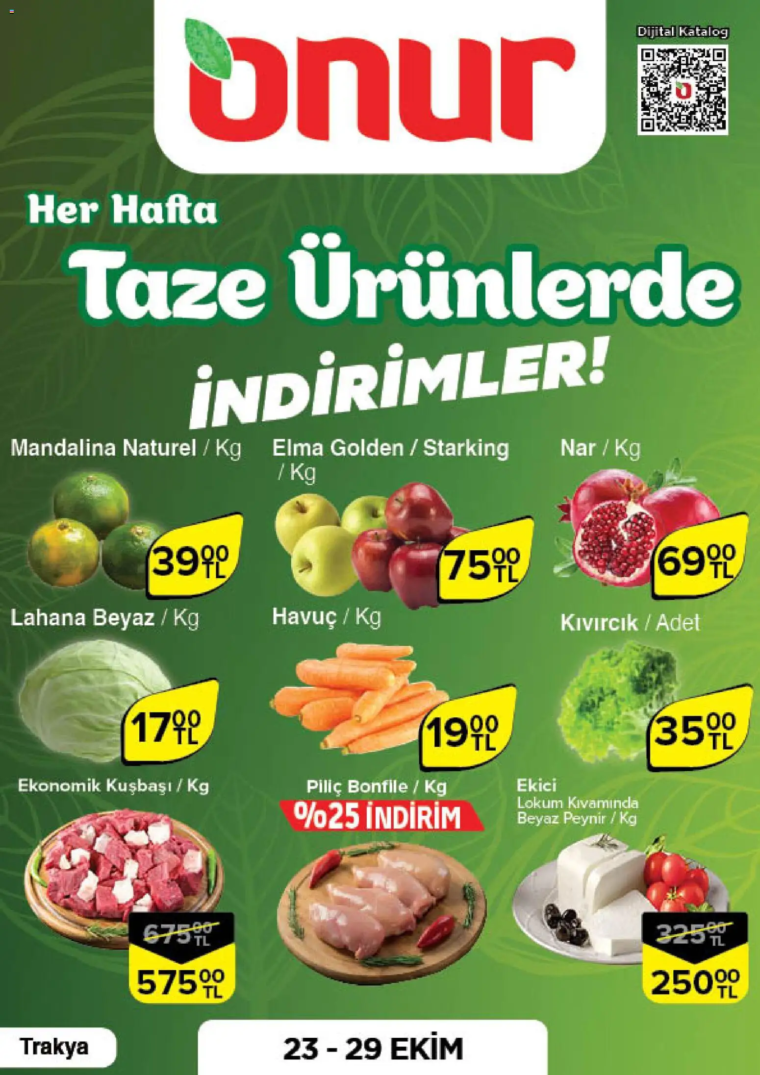 Onur Market Taze Ürünlerde İndirimler - Trakya - 23.10.2025 tarihinden itibaren geçerlidir | Sayfa: 1 | Ürünler: Elma, Mandalina, Piliç, Piliç bonfile