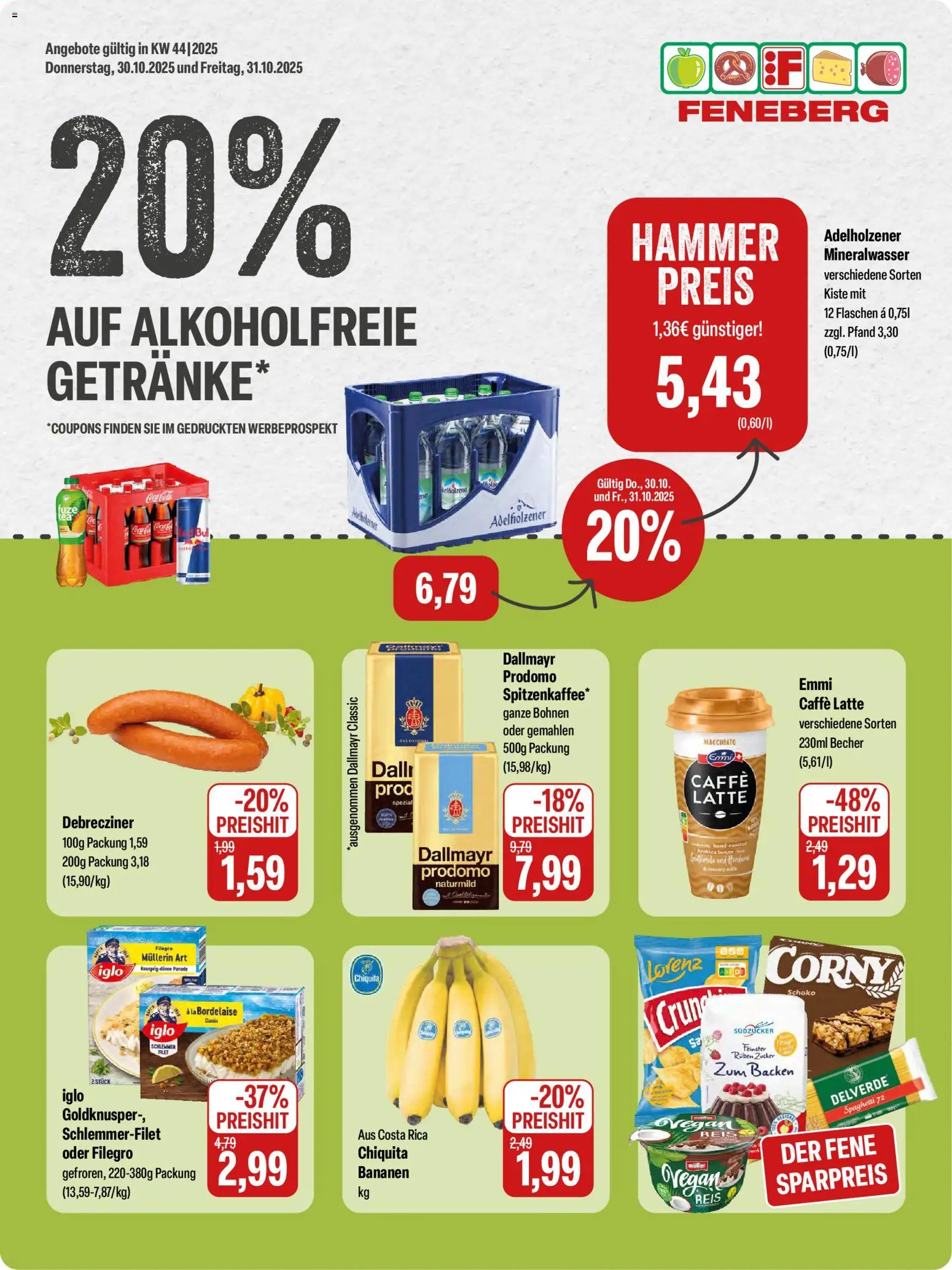 Feneberg Angebote – gültig ab 30.10.2025 | Seite: 1 | Produkte: Adelholzener, Bananen, Dallmayr, Zucker