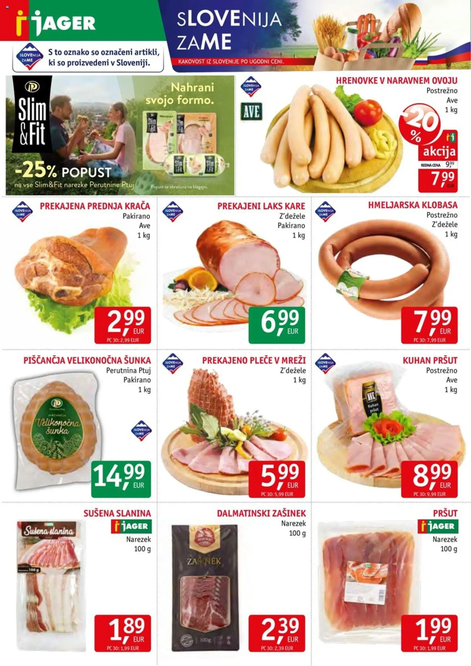 Novi Jager katalog ponudbe – veljaven od 01.04.2026 | Stran: 2 | Izdelki: Hrenovke, Pršut, Narezek, Sunka