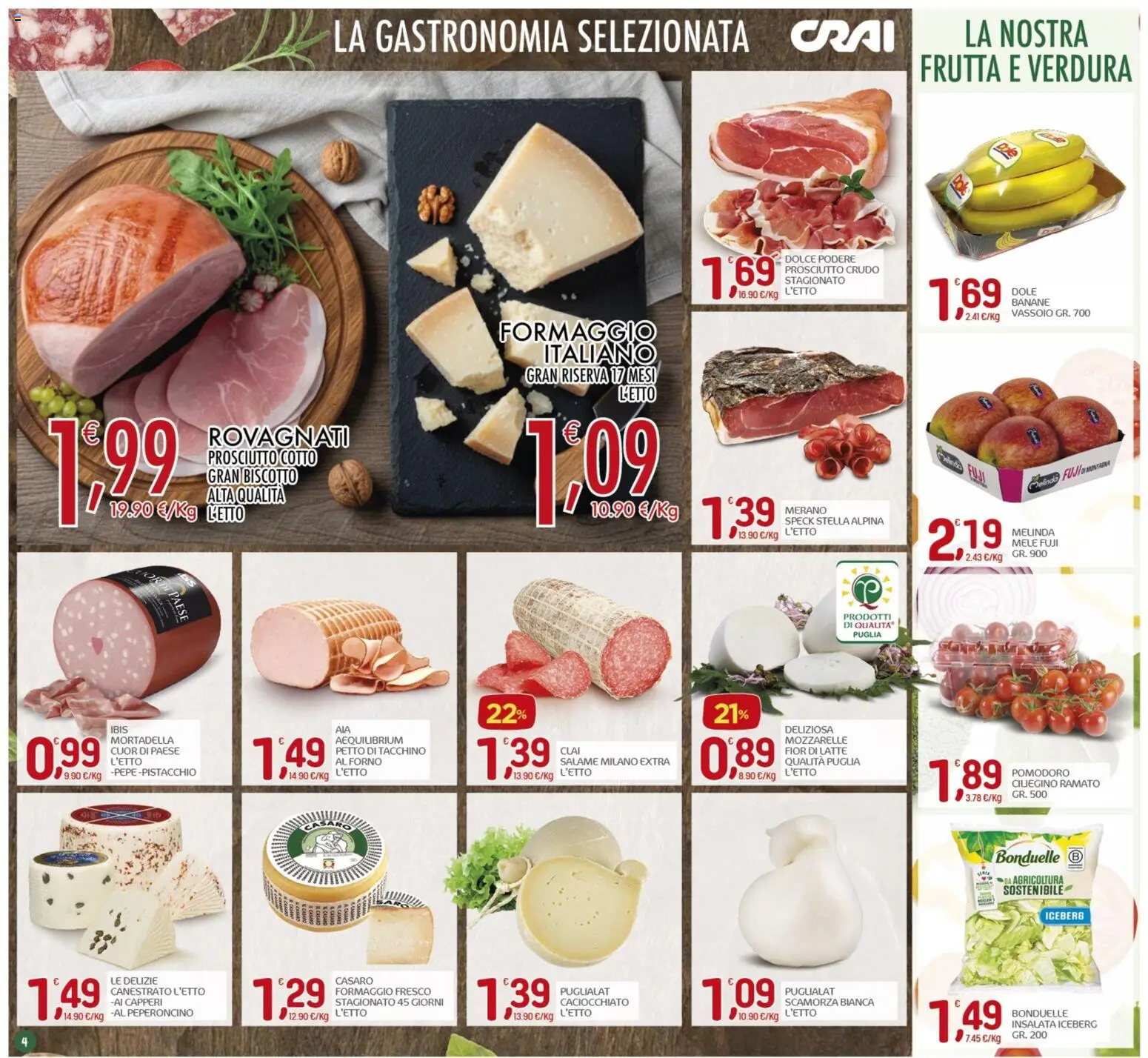 Volantino CRAI del 19.03.2026 | Pagina: 4 | Prodotti: Prosciutto Crudo, Frutta, Latte, Vassoio
