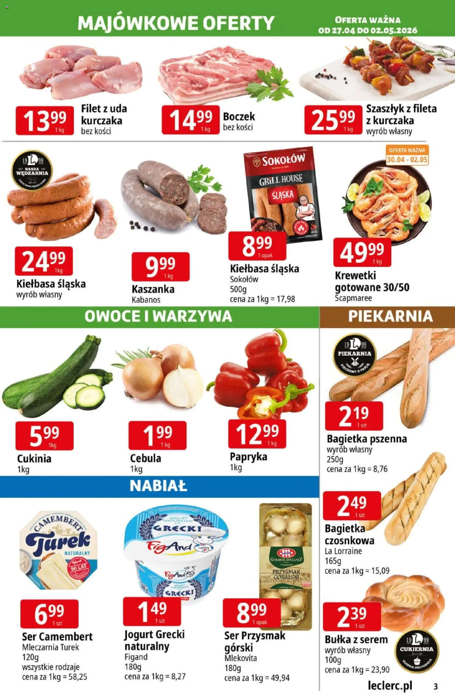 E.Leclerc gazetka - Radom od 27.04.2026 | Strona: 3 | Produkty: Ser camembert, Piekarnia, Kaszanka, Cukinia