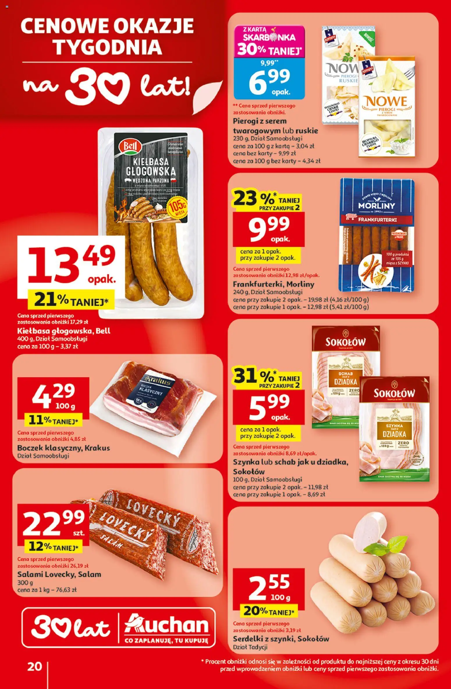 Auchan Gazetka - 30 Lat Hipermarket od 19.02.2026 | Strona: 20 | Produkty: Pierogi, Frankfurterki, Boczek, Salami