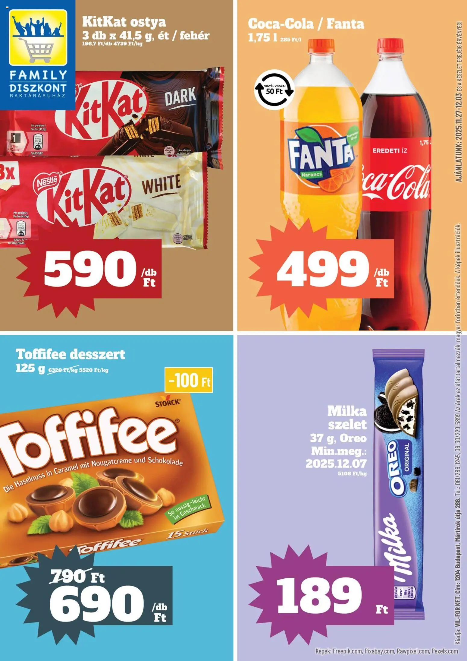 Family Diszkont akciós ujság - amely érvényes a következő dátumtól: 27.11.2025 | Oldal: 1 | Termékek: Fanta, Cola, Toffifee, Só