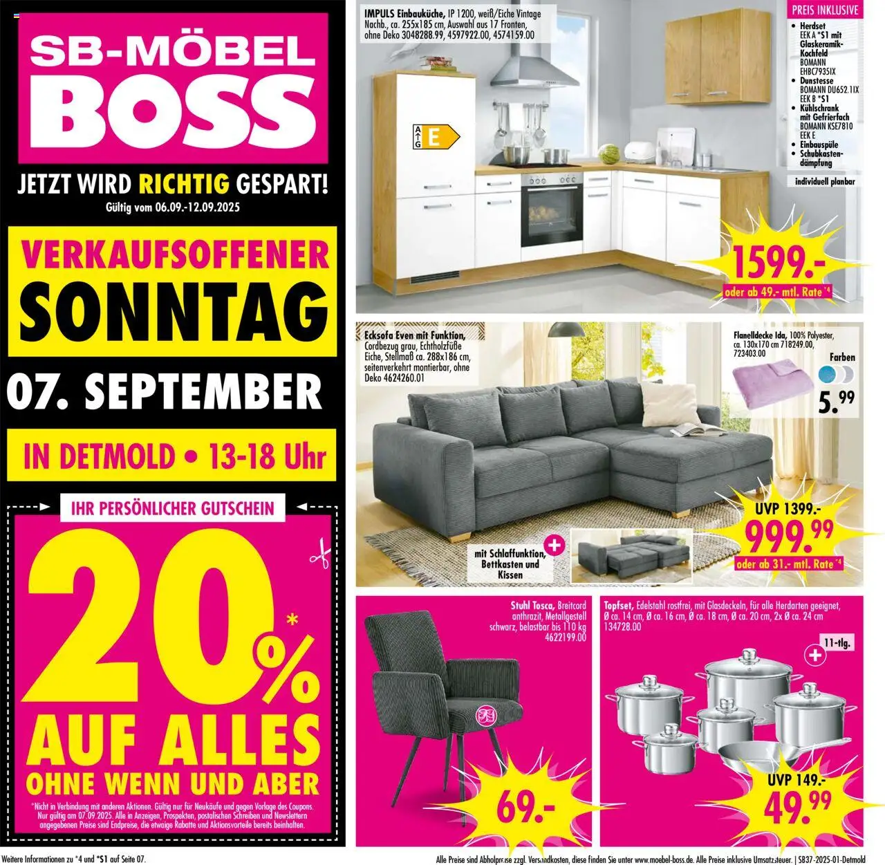 SB Möbel Boss Prospekt Detmold	 – gültig ab 06.09.2025 | Seite: 1 | Produkte: Kissen, Stuhl, Kochfeld, Uhr