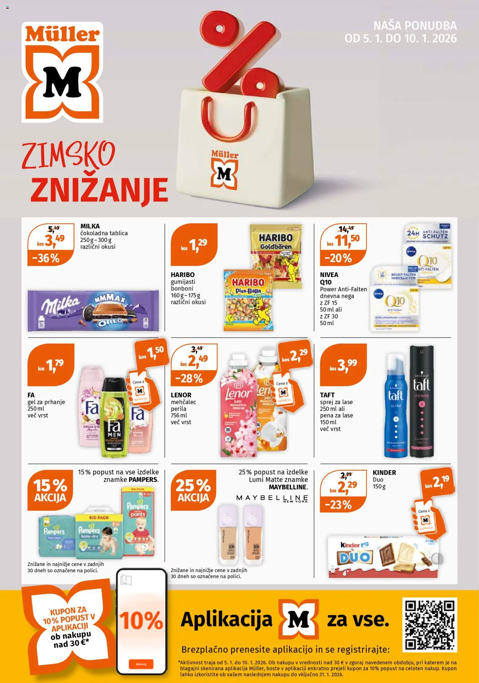 Novi Müller katalog ponudbe – veljaven od 05.01.2026 | Stran: 1 | Izdelki: Gel za prhanje, Tablica, Mehčalec, Kos