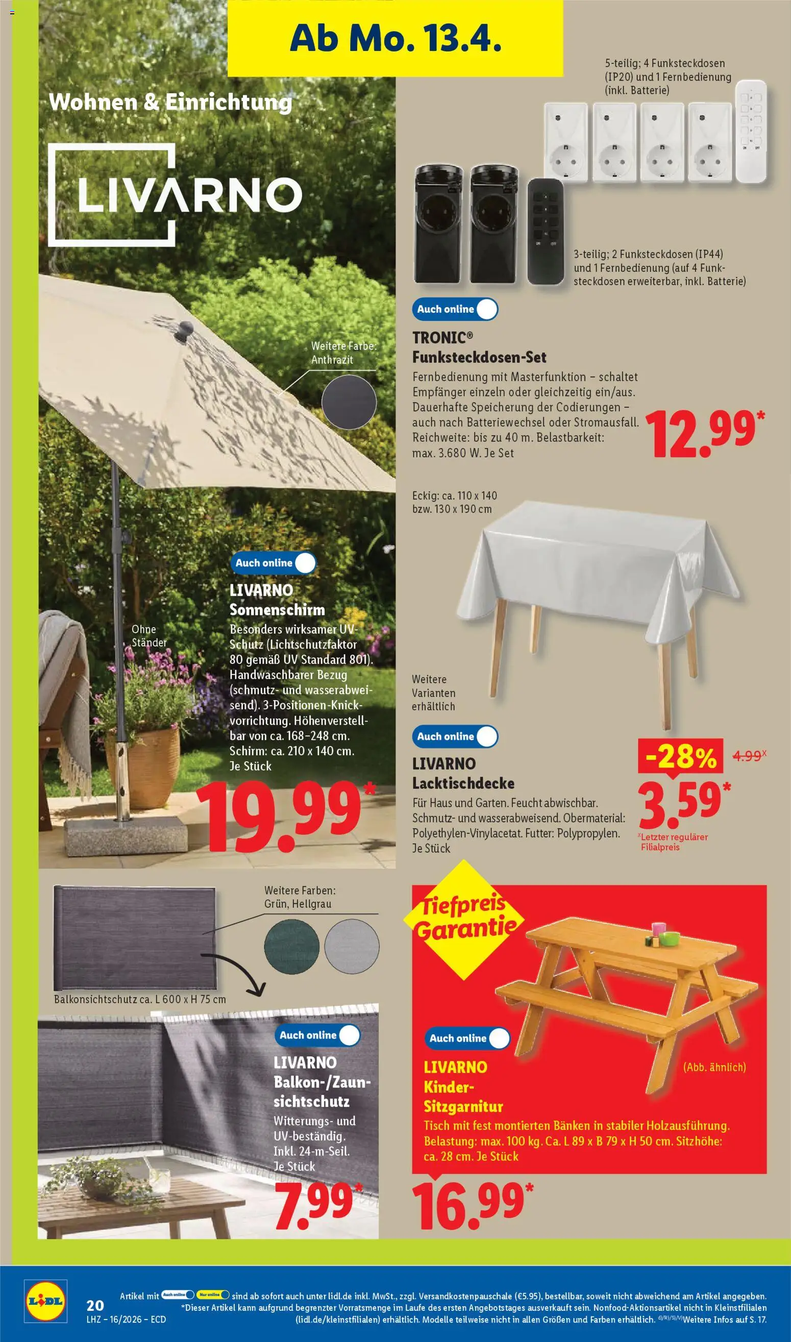 Lidl Prospekt – gültig ab 13.04.2026 | Seite: 38 | Produkte: Sitzgarnitur, Tisch, Batterie, Sonnenschirm