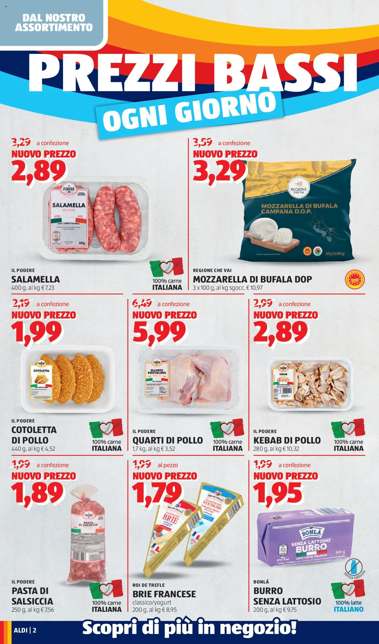 Volantino Aldi del 27.04.2026 | Pagina: 2 | Prodotti: Pollo, Salsiccia, Burro, Pasta