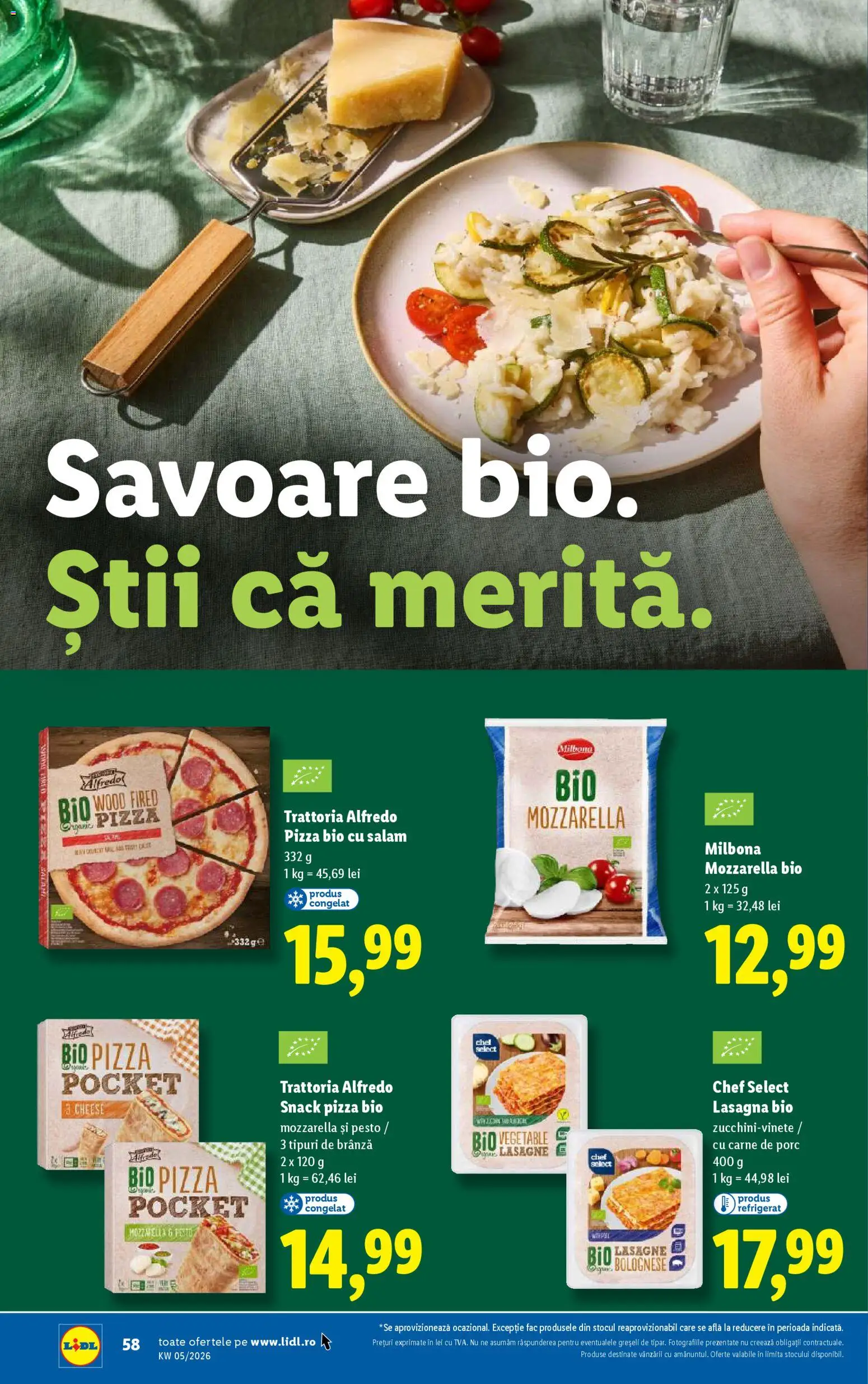 Noul catalog Lidl – valabil de la 26.01.2026 | Pagină: 58 | Produse: Lasagna, Mozzarella, Snack pizza, Pizza