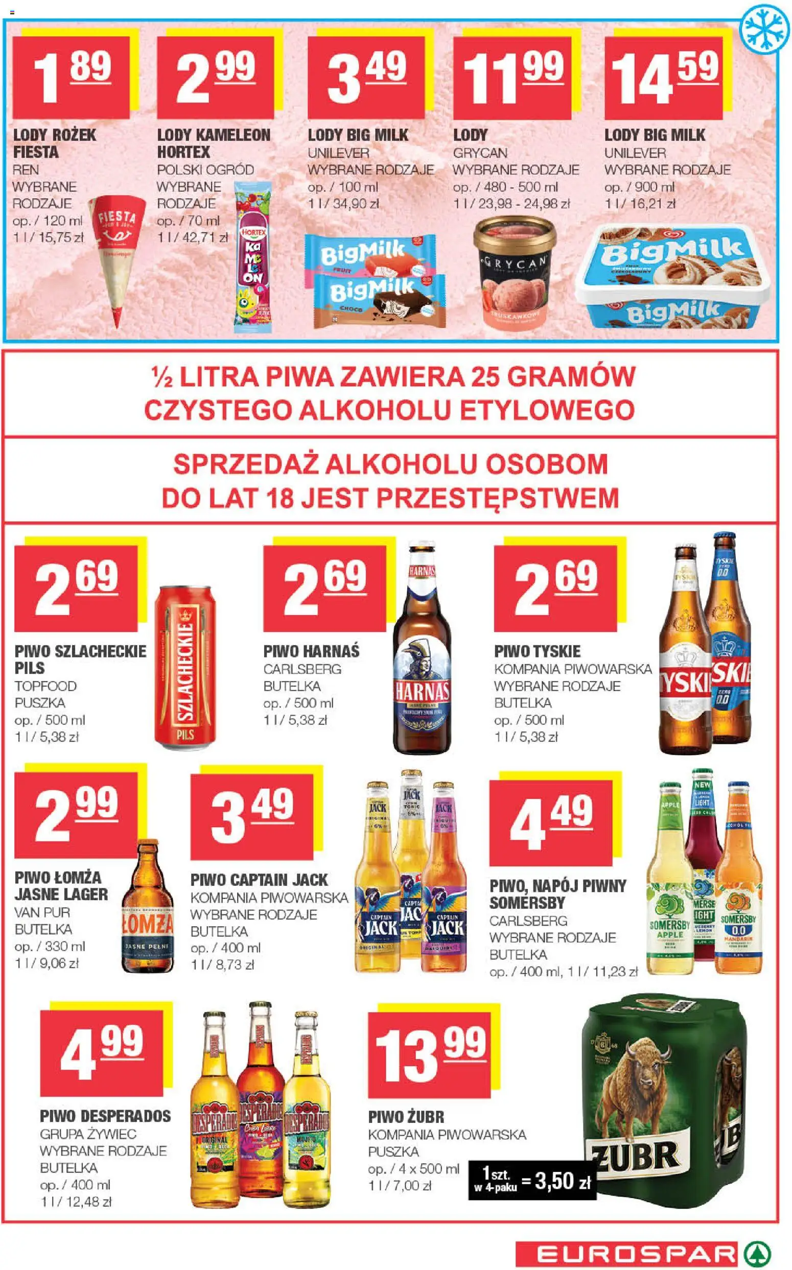 Spar gazetka - Eurospar od 08.04.2026 | Strona: 15 | Produkty: Piwo żubr, Piwo Desperados, Tyskie, Lody