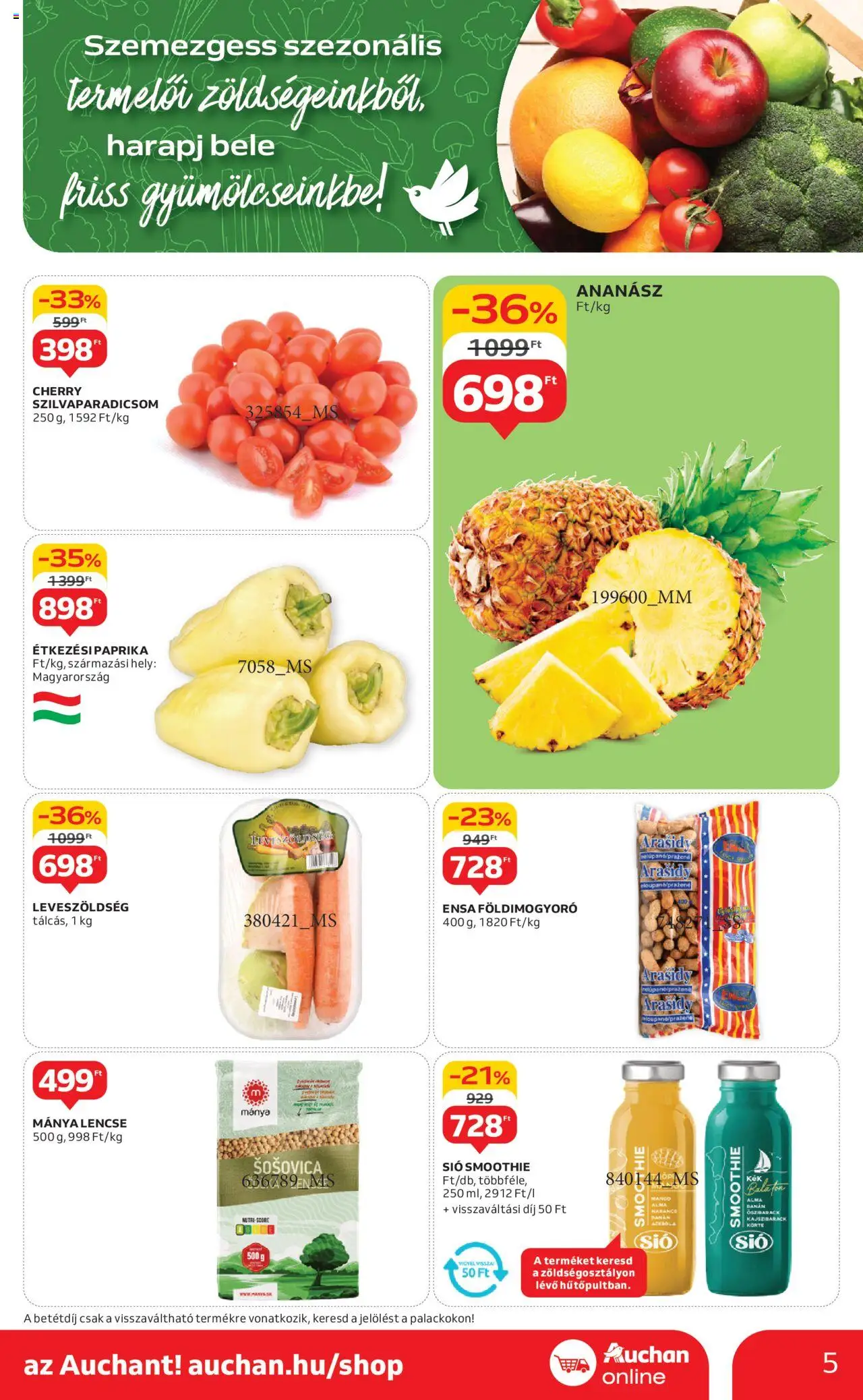 Auchan akciós ujság - amely érvényes a következő dátumtól: 05.06.2025 | Oldal: 5 | Termékek: Alma, Banán, Smoothie, Földimogyoró