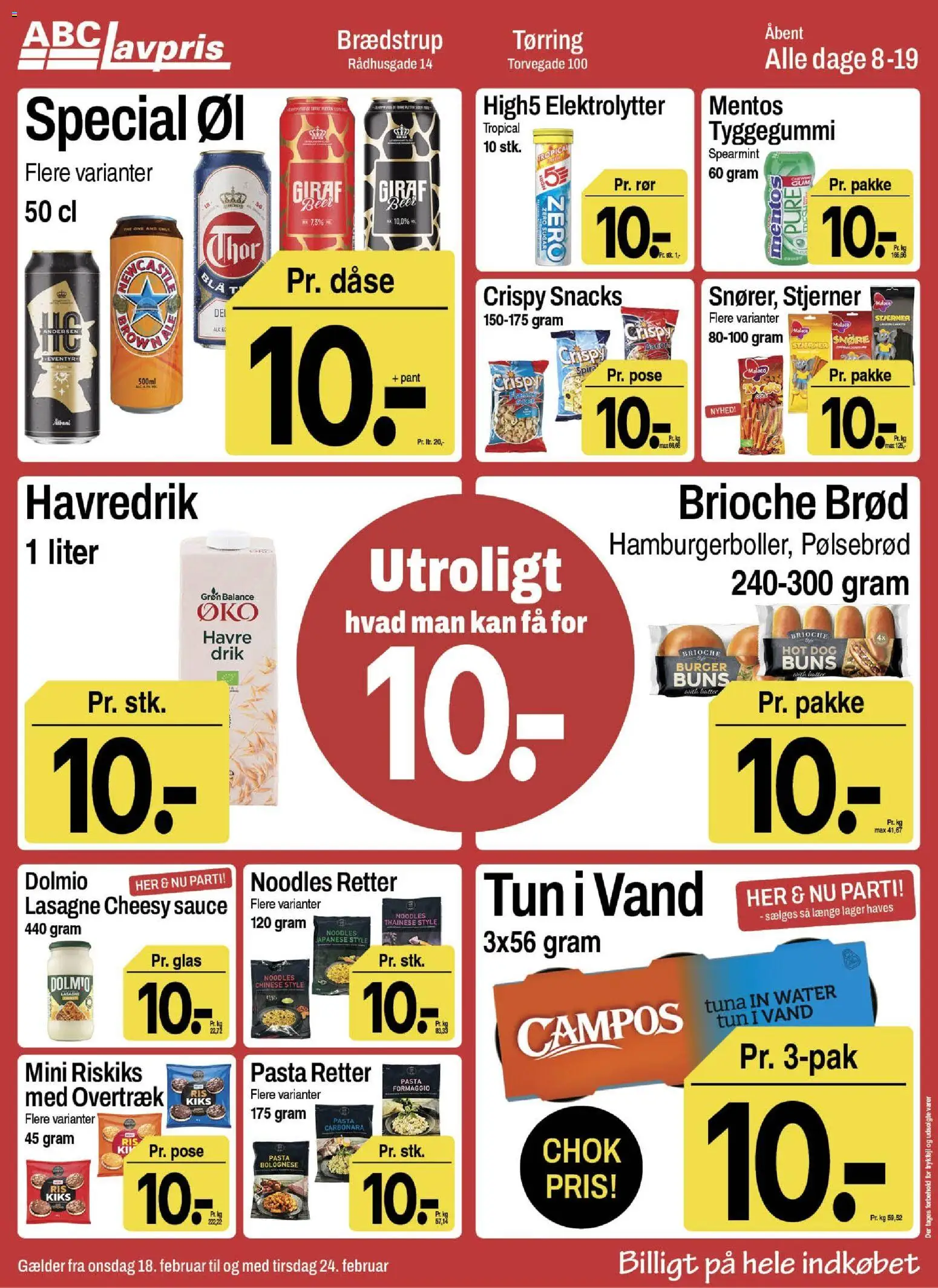 Abc Lavpris tilbudsavis – gyldig fra 18.02.2026 | Side: 1 | Produkter: Pølsebrød, Øl, Pasta, Tun