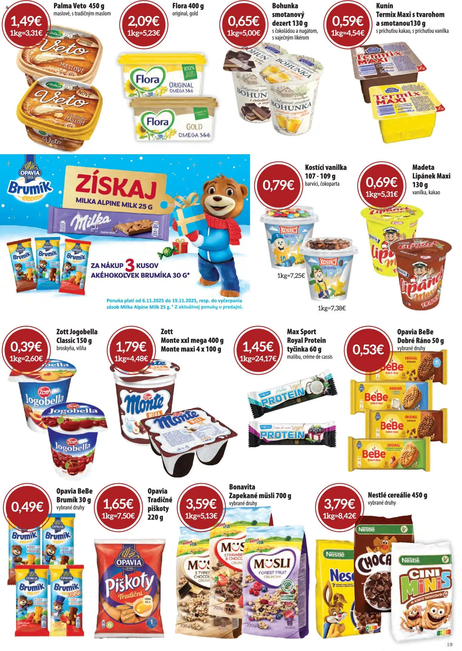 Nové CBA Komfos akcie – leták je platný od 06.11.2025 | Strana: 10 | Produkty: Protein, Cereálie, Milka, Flora
