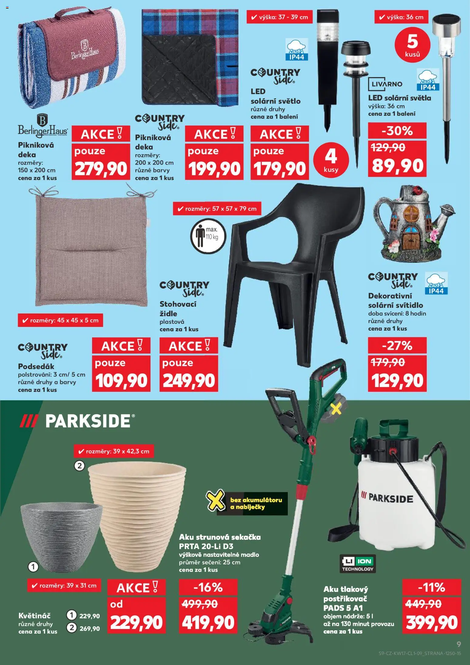 Kaufland leták - Kolín od 22.04.2026 | Strana: 9 | Produkty: Parkside, Madlo, Solární světla, Květináč