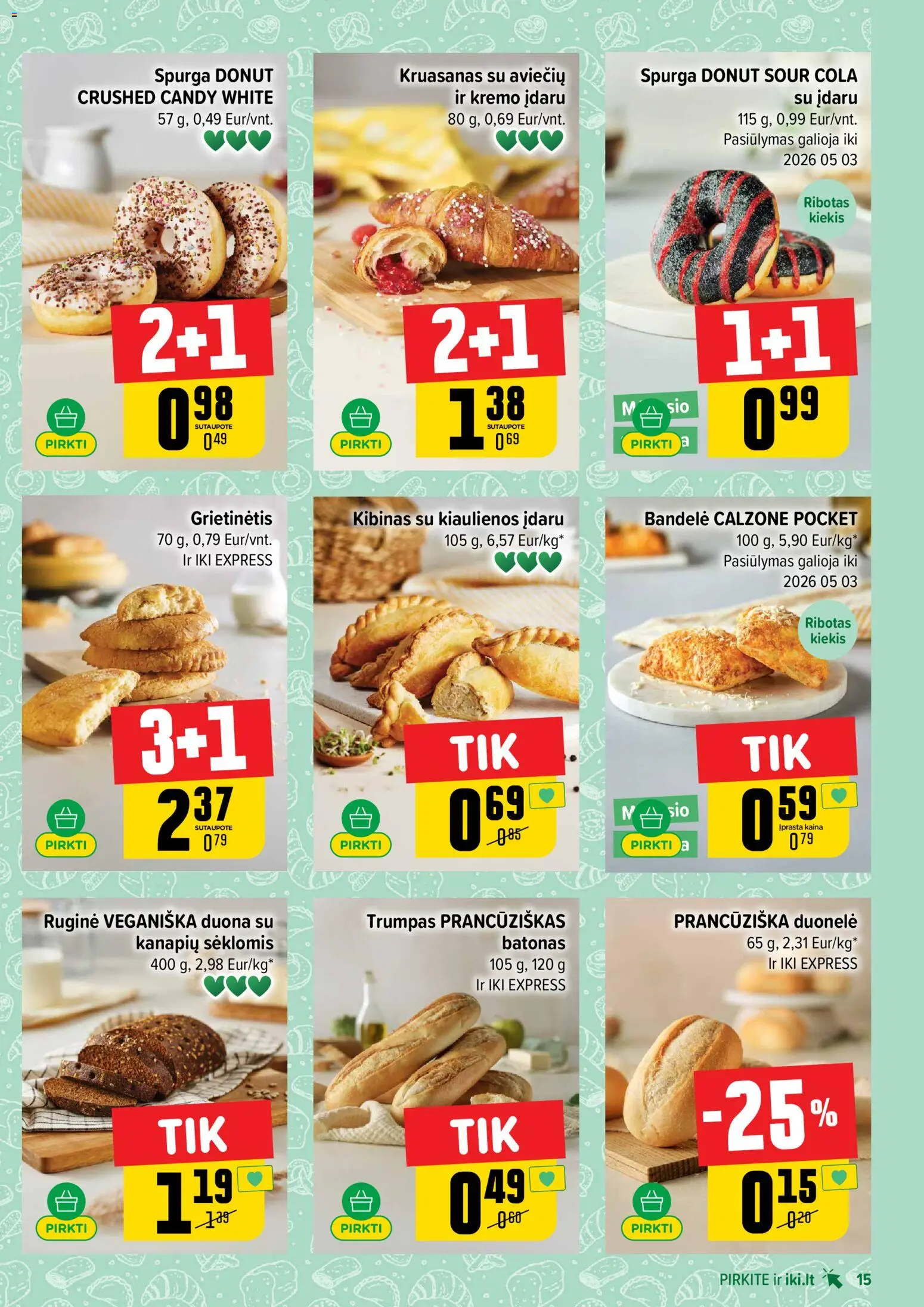 IKI akcijos nuo 06.04.2026 | Puslapis: 15 | Prekių: Batonas, Kiaulienos, Spurga, Duona