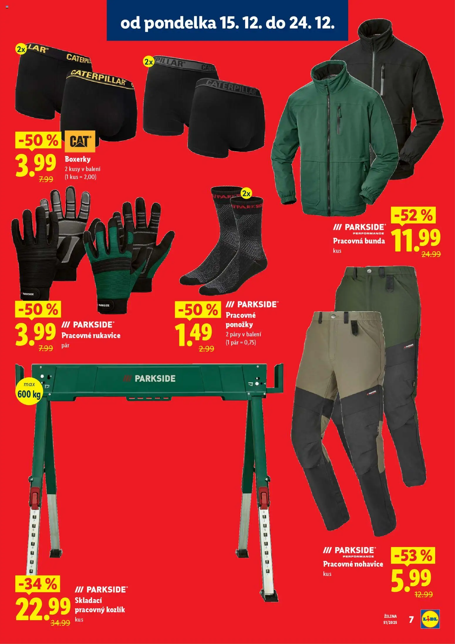 Nové Lidl akcie – leták je platný od 15.12.2025 | Strana: 7 | Produkty: Parkside, Nohavice, Ponožky