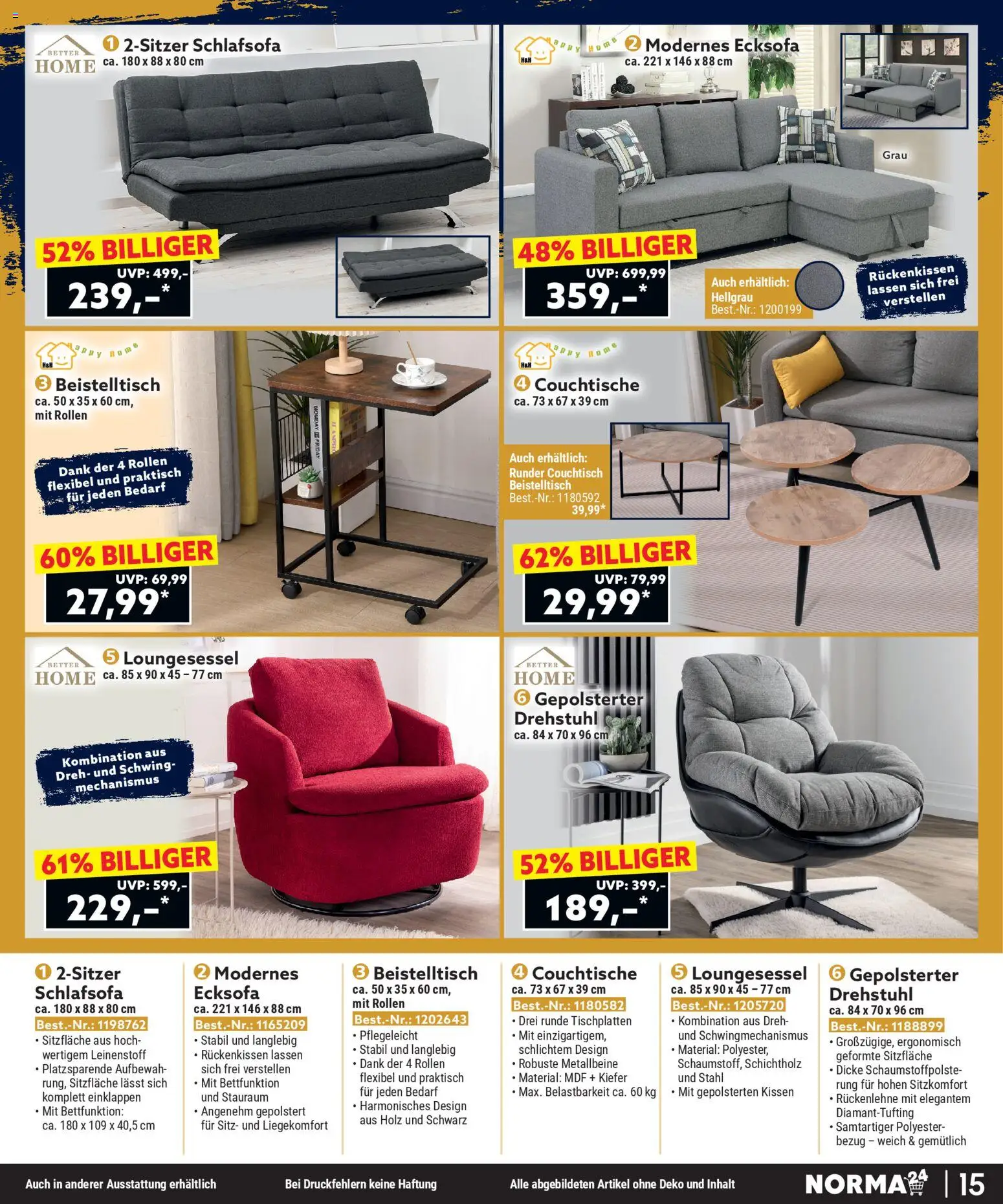 Norma Bestellmagazin Februar 2026 – gültig ab 01.02.2026 | Seite: 15 | Produkte: Schlafsofa, Ecksofa, Beistelltisch, Couchtisch