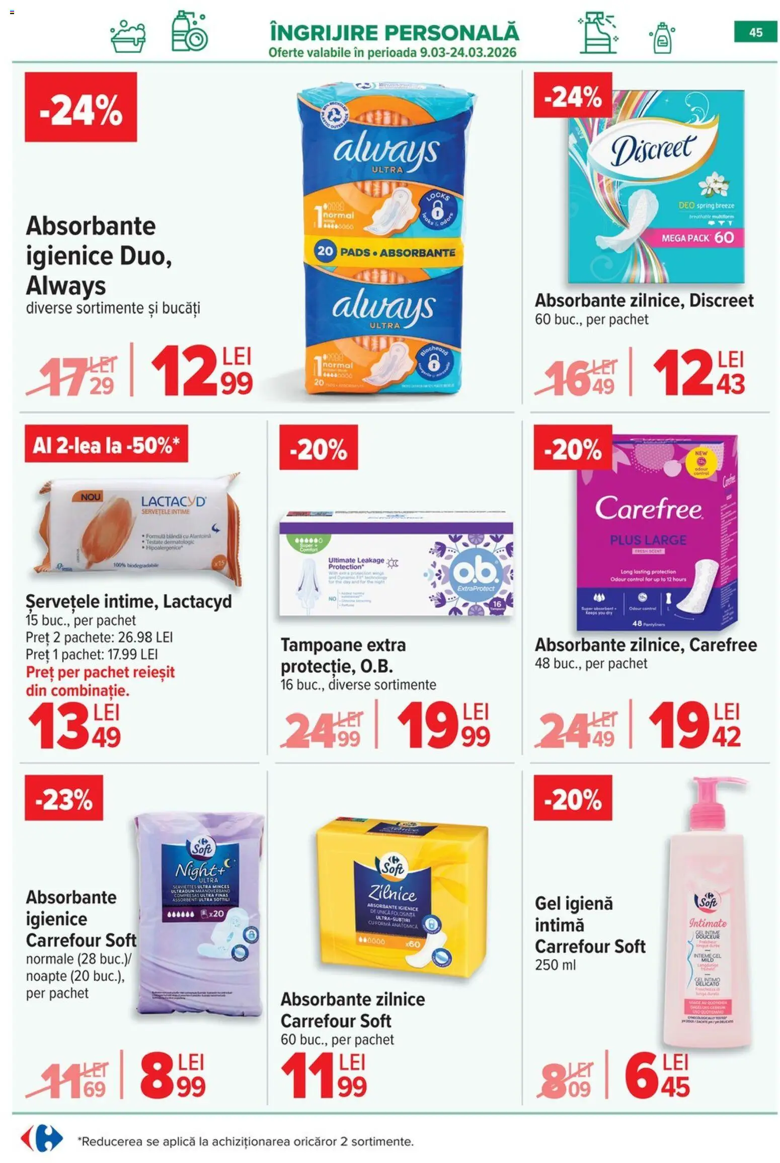 Noul catalog Carrefour – valabil de la 18.03.2026 | Pagină: 51 | Produse: Absorbante, Tampoane