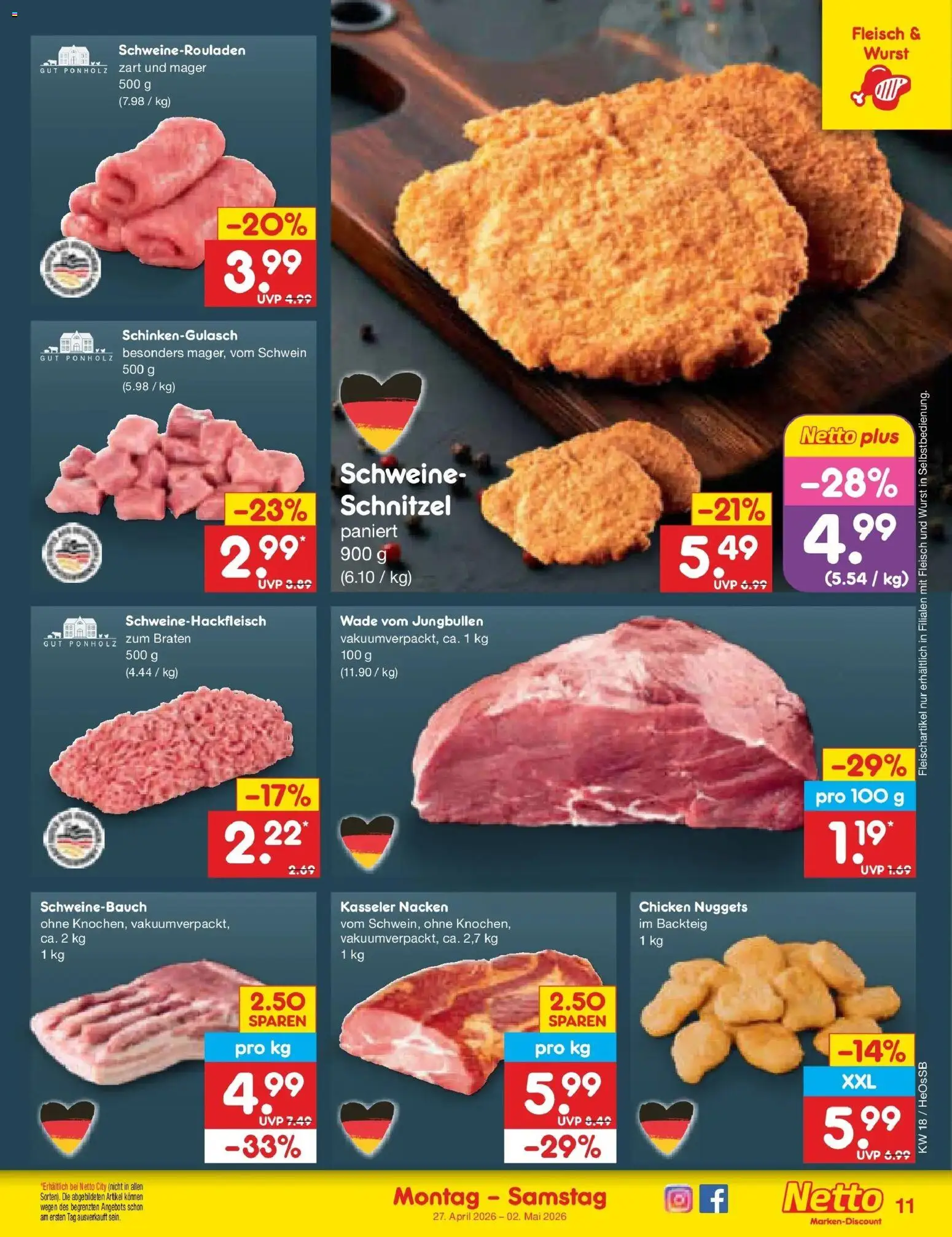 Netto Marken-Discount Prospekt Kröpelin	 – gültig ab 27.04.2026 | Seite: 13 | Produkte: Schnitzel, Kasseler nacken, Wurst, Fleisch