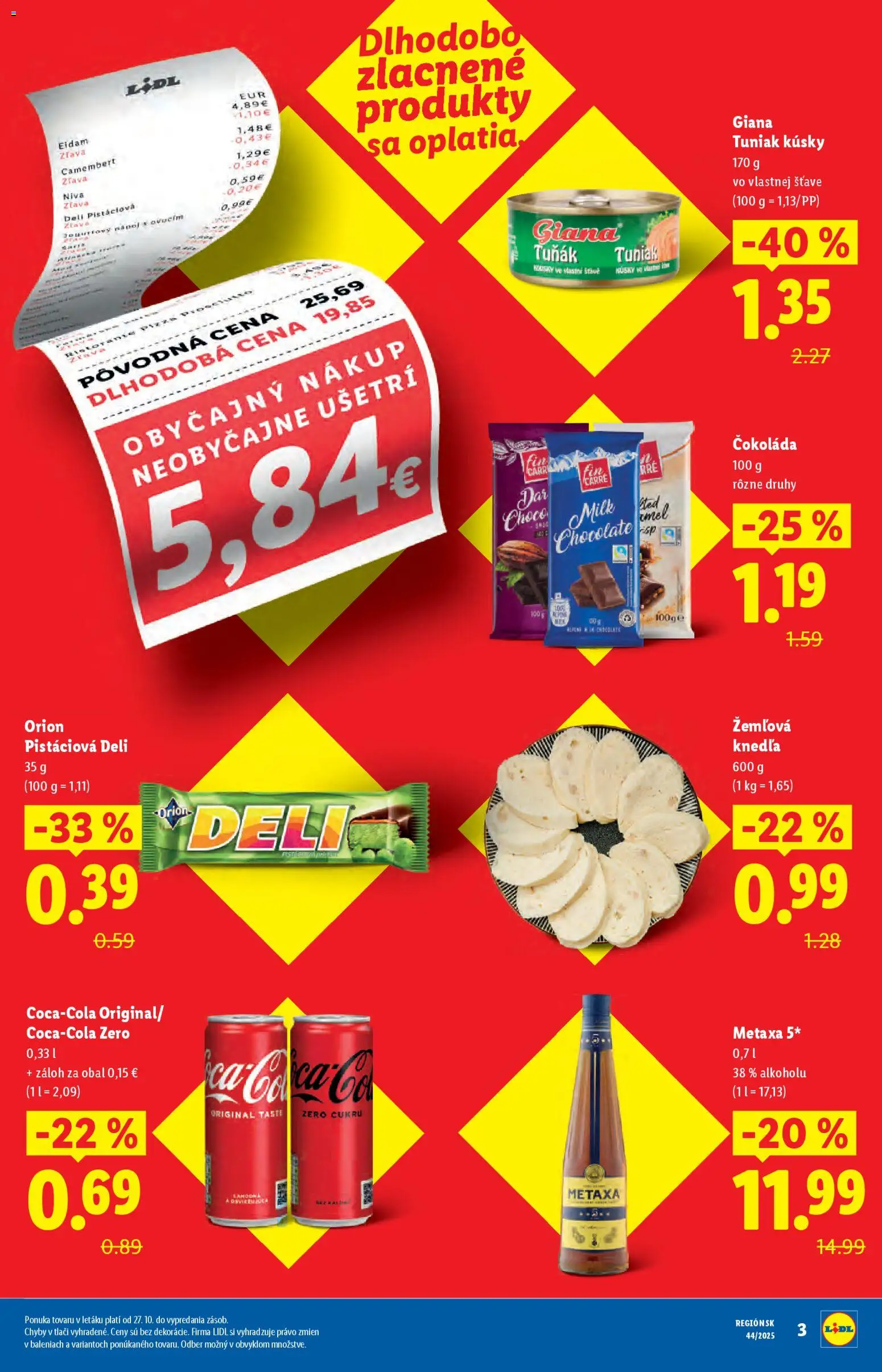Nové Lidl akcie – leták je platný od 27.10.2025 | Strana: 3 | Produkty: Metaxa, Tuniak, Eidam, Čokoláda