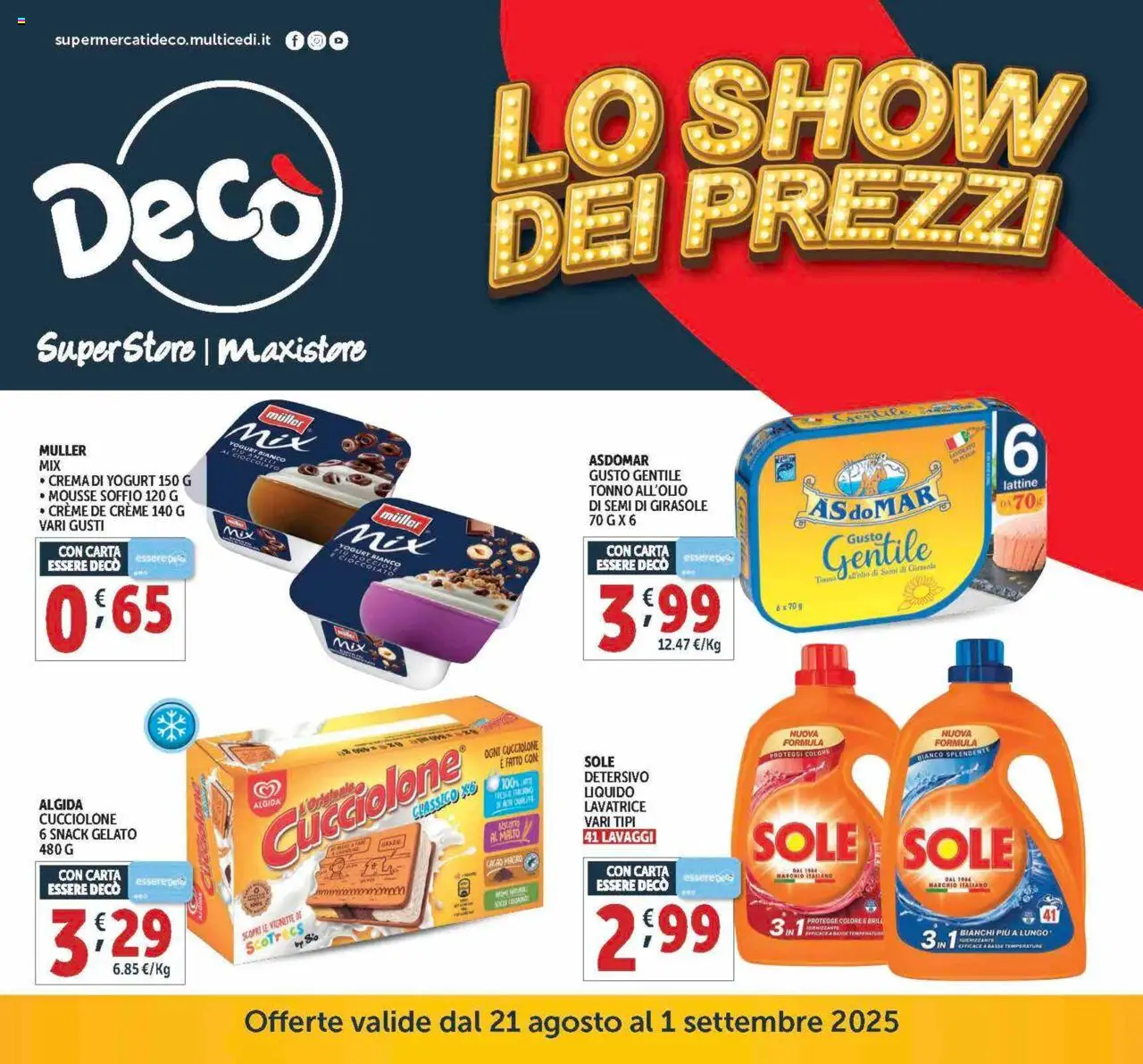 Volantino Decò del 21.08.2025 | Pagina: 1 | Prodotti: Crema, Cioccolato, Nocciole, Lavatrice
