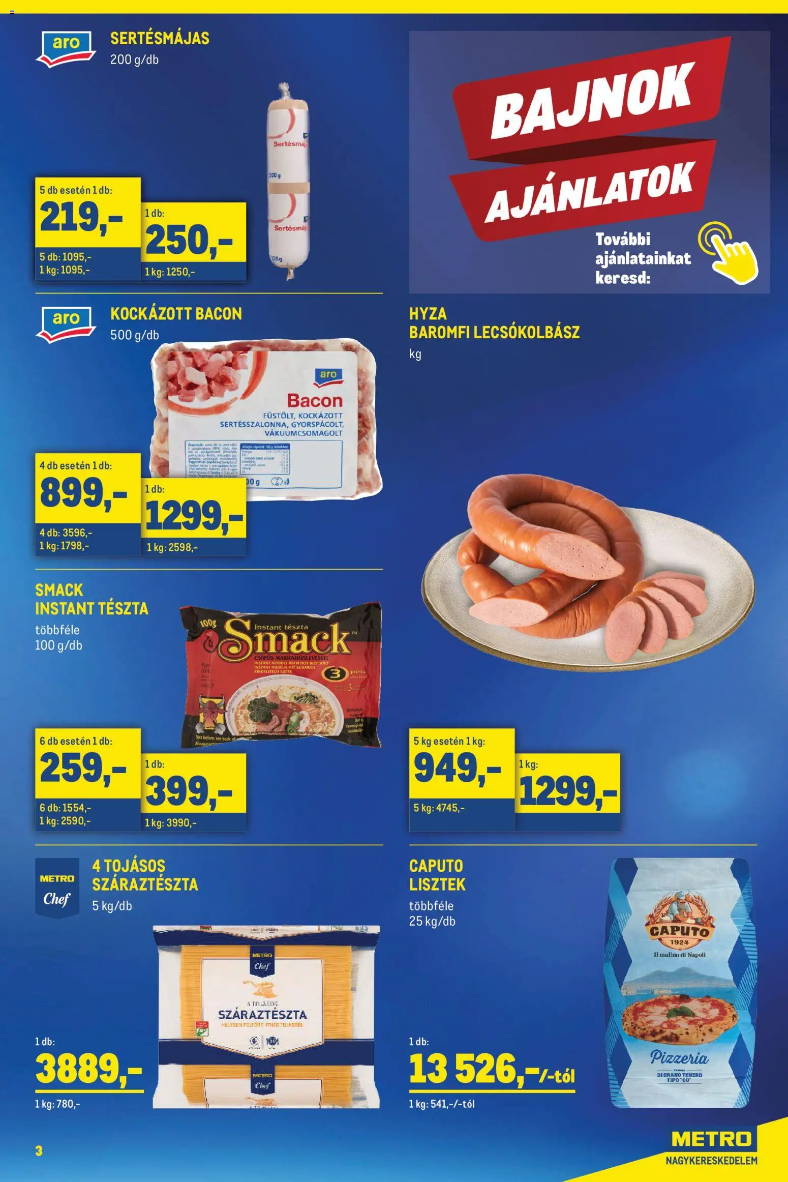 Metro akciós ujság - amely érvényes a következő dátumtól: 02.05.2026 | Oldal: 3 | Termékek: Kockázott bacon, Bacon, Lecsókolbász, Száraztészta