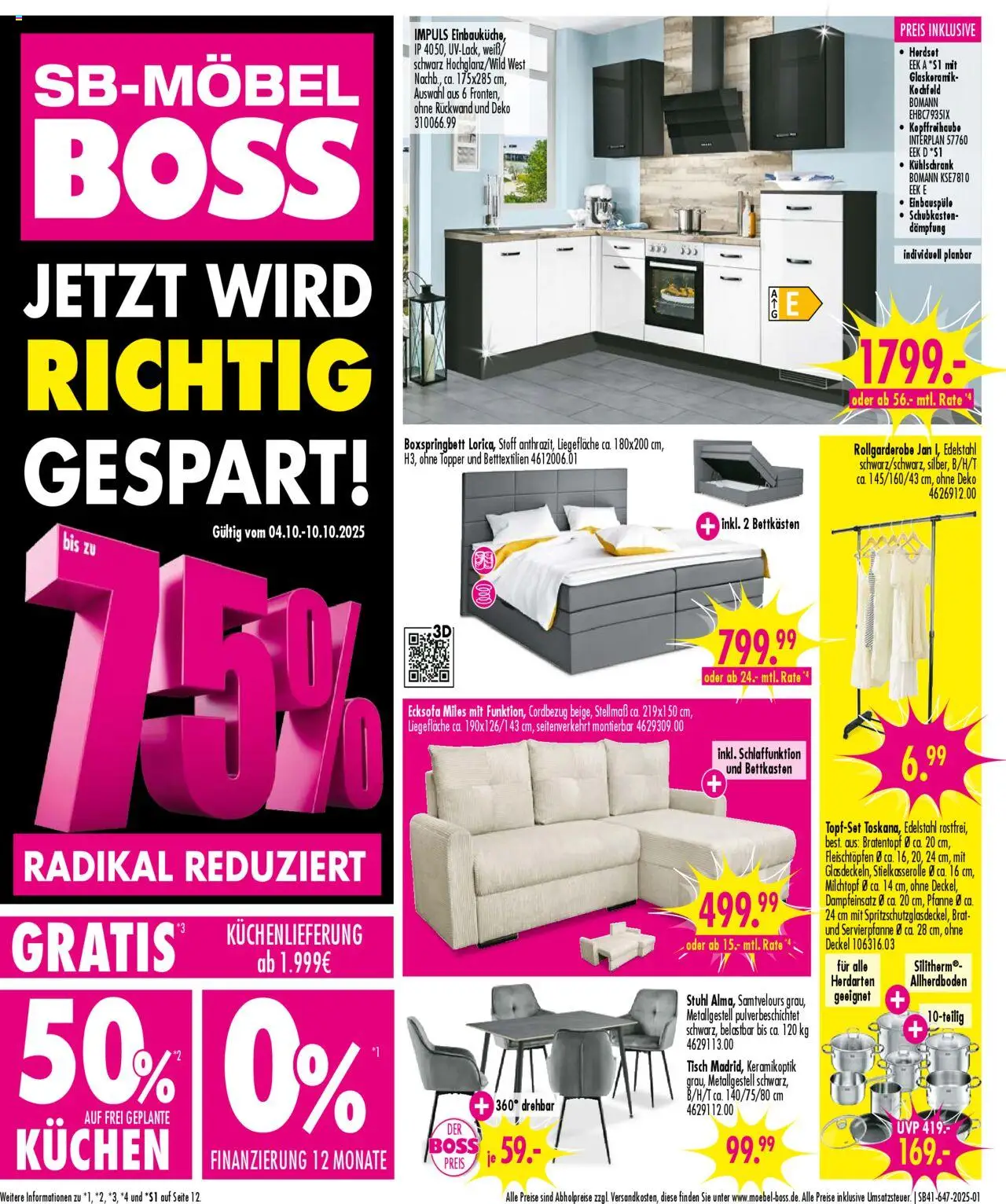 SB Möbel Boss Prospekt Neubrandenburg – gültig ab 04.10.2025 | Seite: 1 | Produkte: Topper, Kühlschrank, Kochfeld, Kuchen