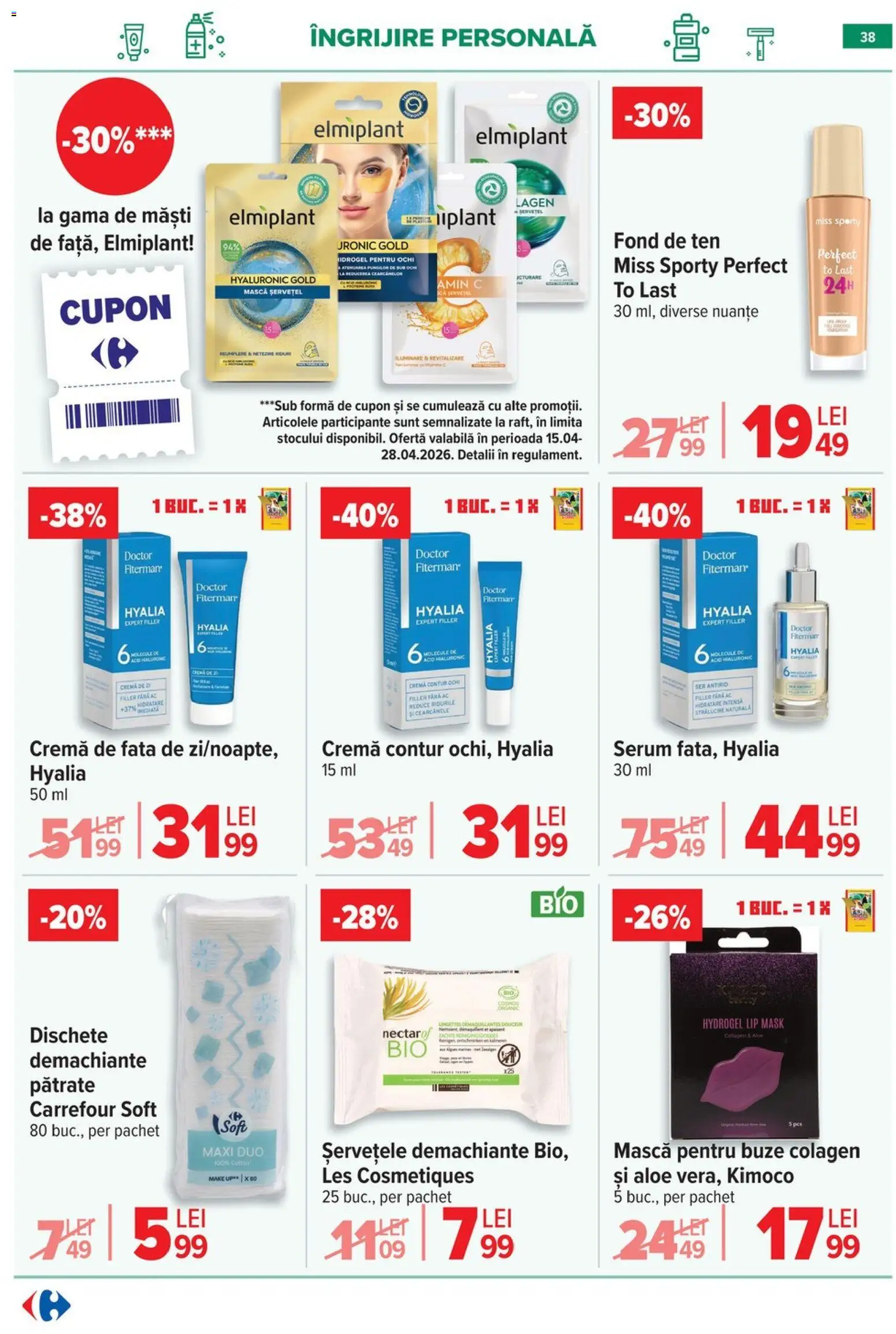 Noul catalog Carrefour – valabil de la 15.04.2026 | Pagină: 39 | Produse: Fond de ten, Pară, Serum, Șervețele demachiante