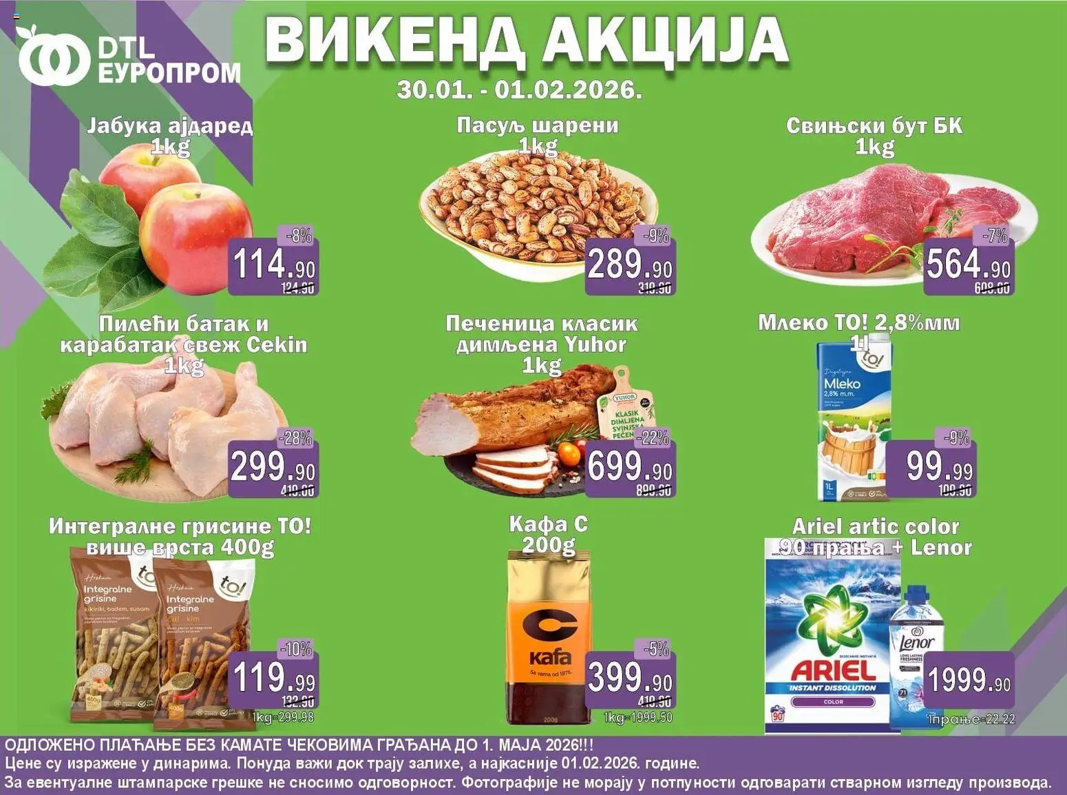 Europrom katalog - važi od 30.01.2026 | Strana: 1 | Proizvode: Ariel, Lenor, Mleko, Kafa