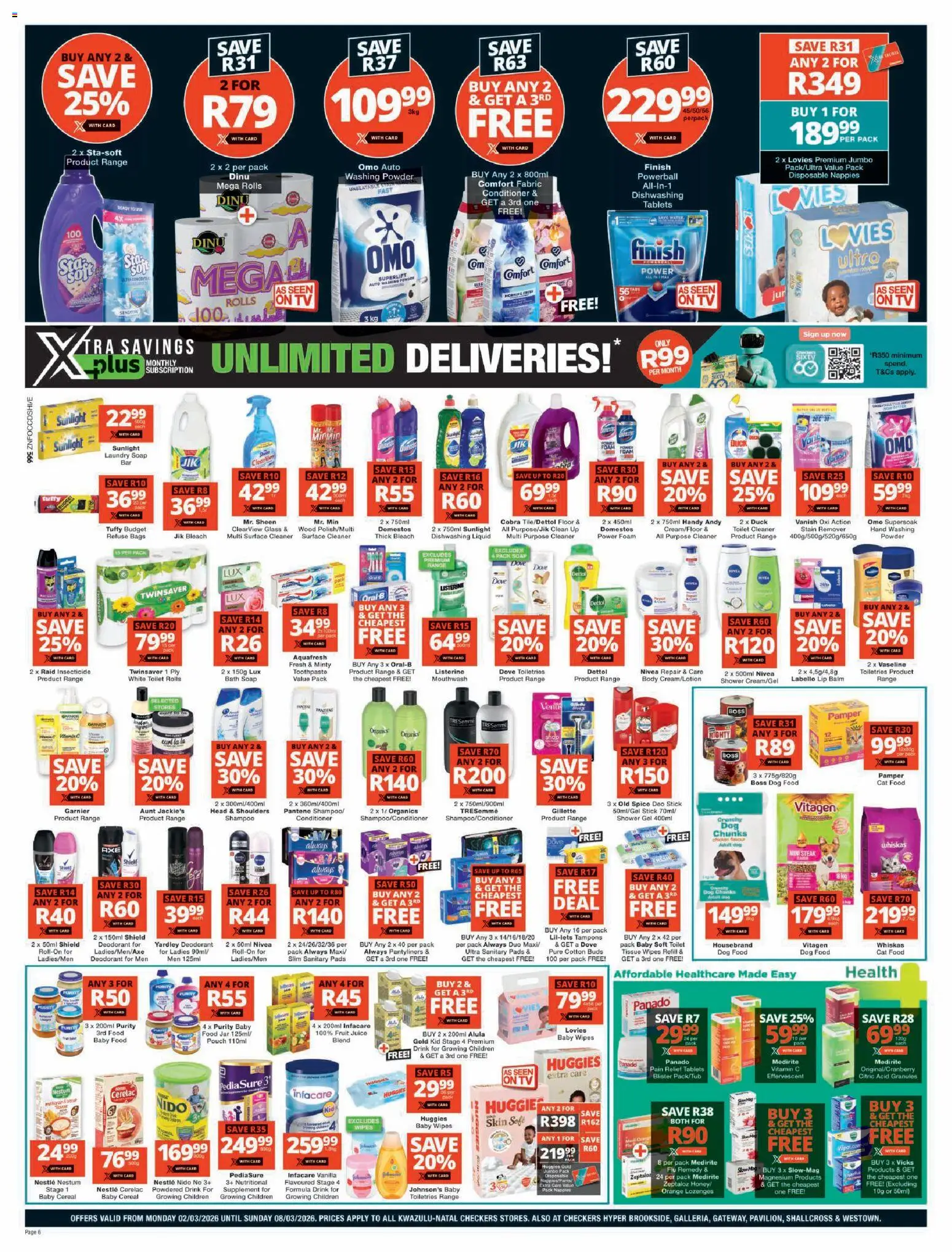 New Checkers catalogue – valid from 02.03.2026 | Page: 6 | Products: Toilet, Water, Washing powder, Lip balm