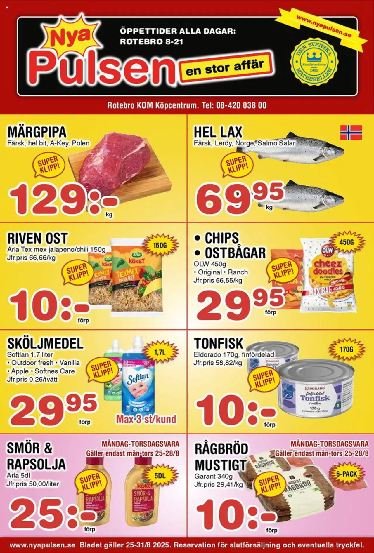 Nya Pulsen reklamblad aktuell från 25.08.2025 | Sida: 1 | Produkter: Sköljmedel, Riven ost, Ost, Äpple