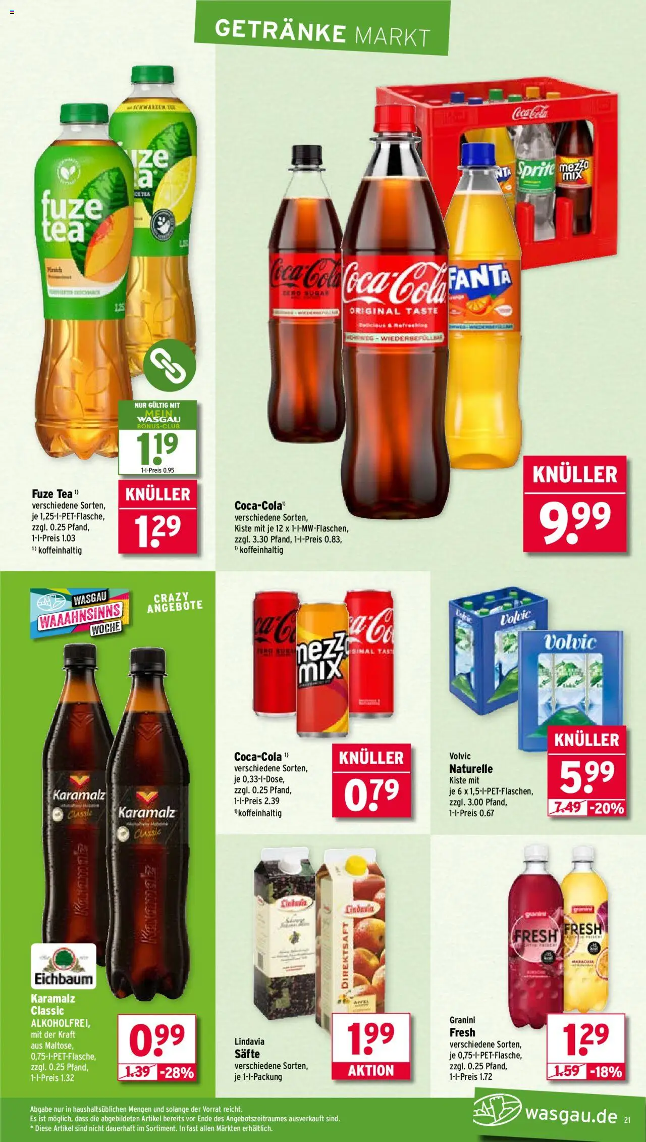 Wasgau Prospekt 	 – gültig ab 29.09.2025 | Seite: 21 | Produkte: Fuze tea, Coca cola, Sprite, Volvic
