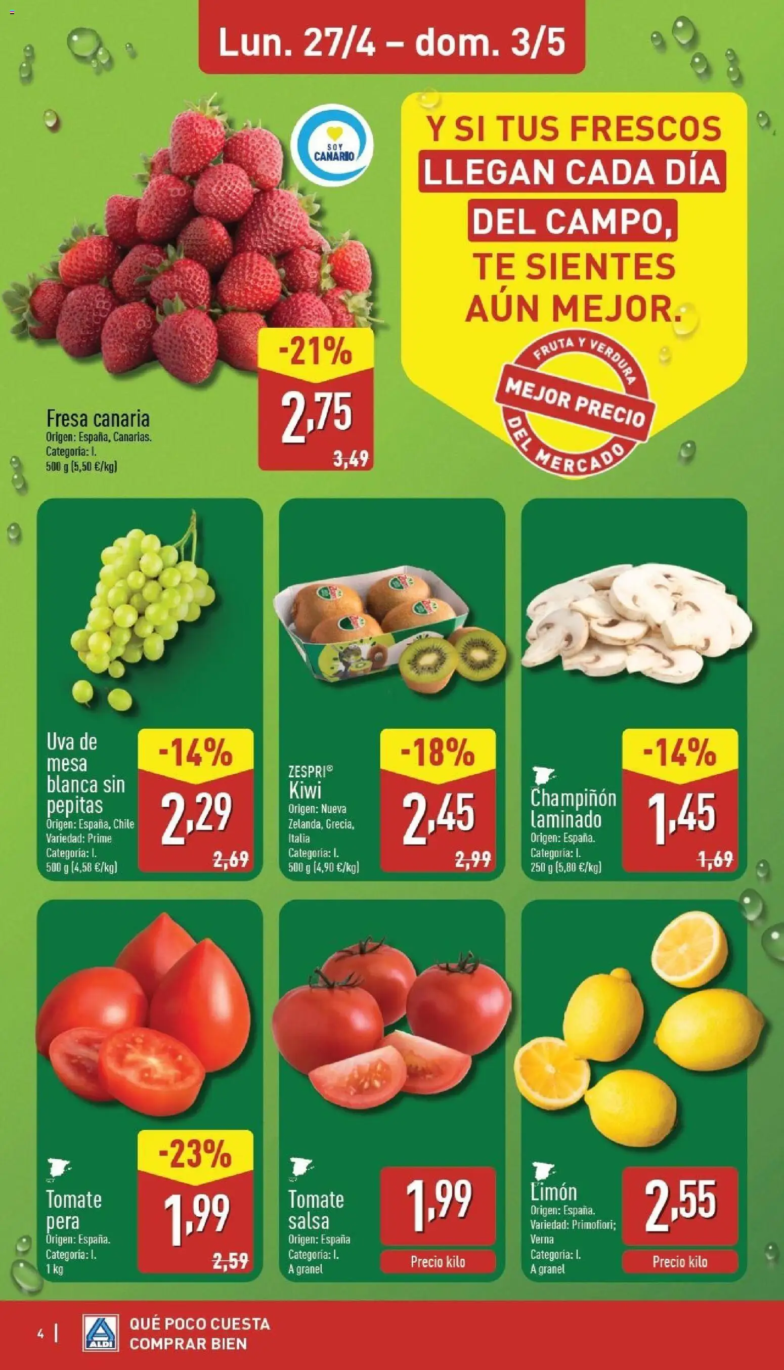 Aldi folleto Canarias │ válido desde el 27.04.2026 | Página: 4 | Productos: Tomates, Kiwi, Té, Mesa