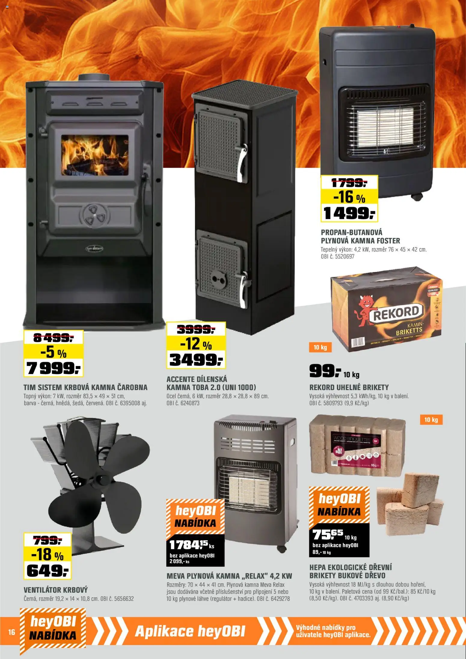 OBI leták - Barevná sezóna od 14.11.2025 | Strana: 16 | Produkty: Brikety, Ventilátor, Lahve, Uhelné brikety