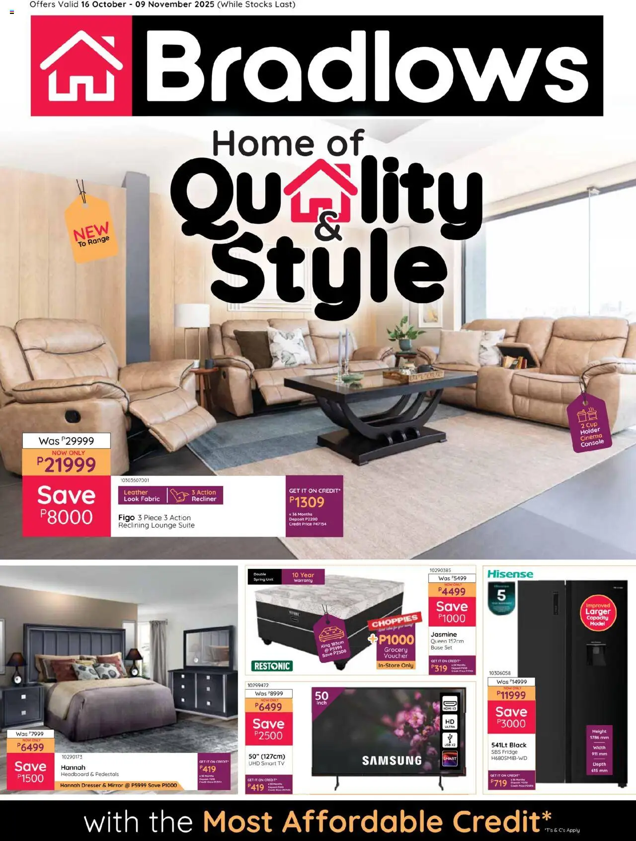 New Bradlows catalogue – valid from 16.10.2025 | Page: 1 | Products: Headboard, Mirror, Fridge, Lounge suite