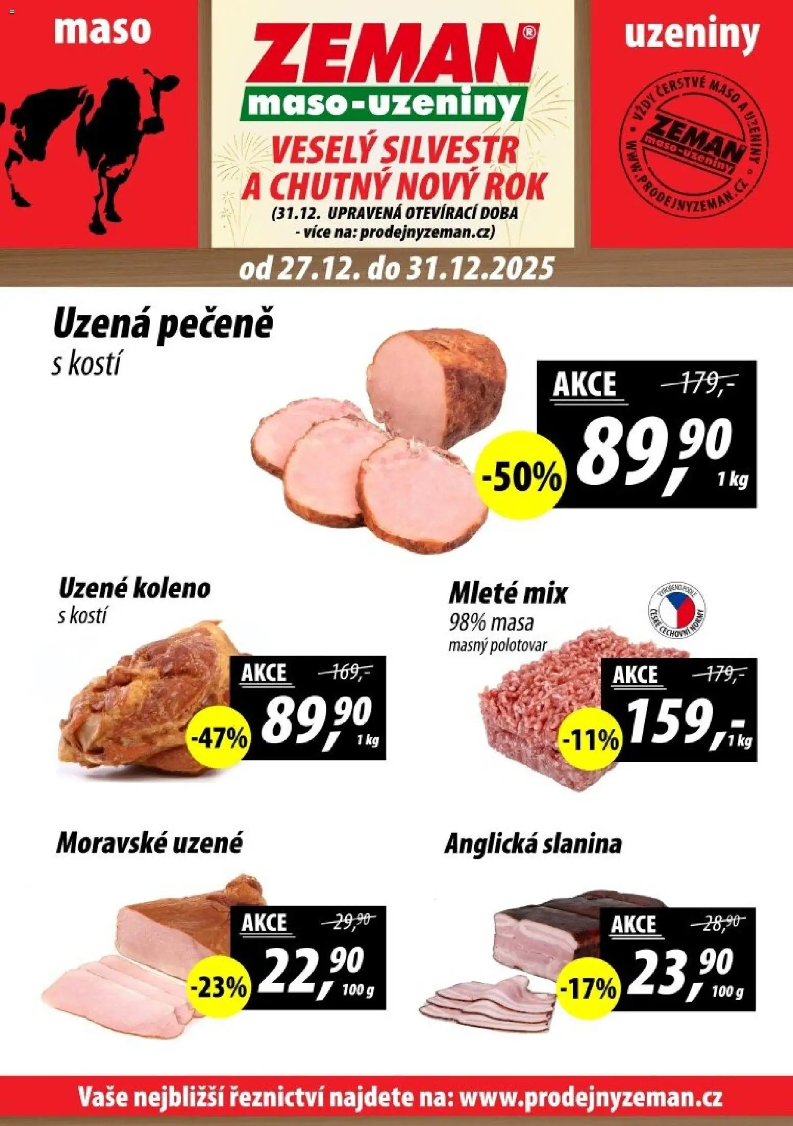 Prodejny Zeman leták - Plzeň  od 27.12.2025 | Strana: 1 | Produkty: Uzeniny, Moravské uzené, Maso, Uzené koleno