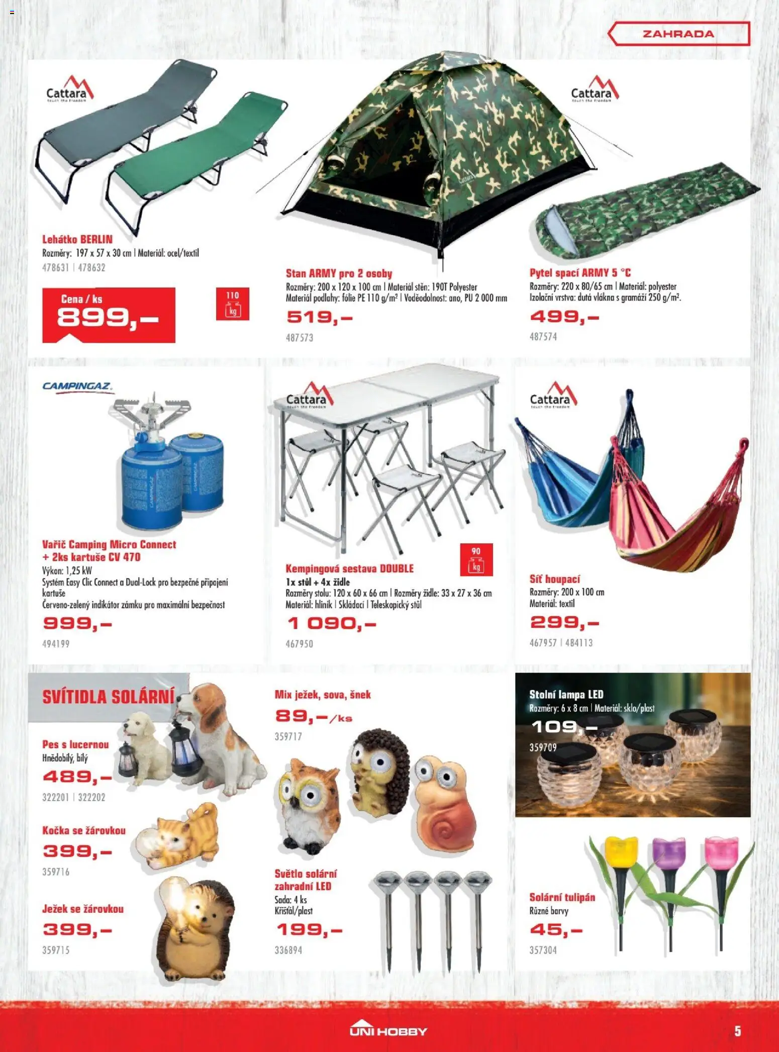 Uni Hobby leták od 30.04.2026 | Strana: 5 | Produkty: Stolní lampa, Vařič, Stan, Pes
