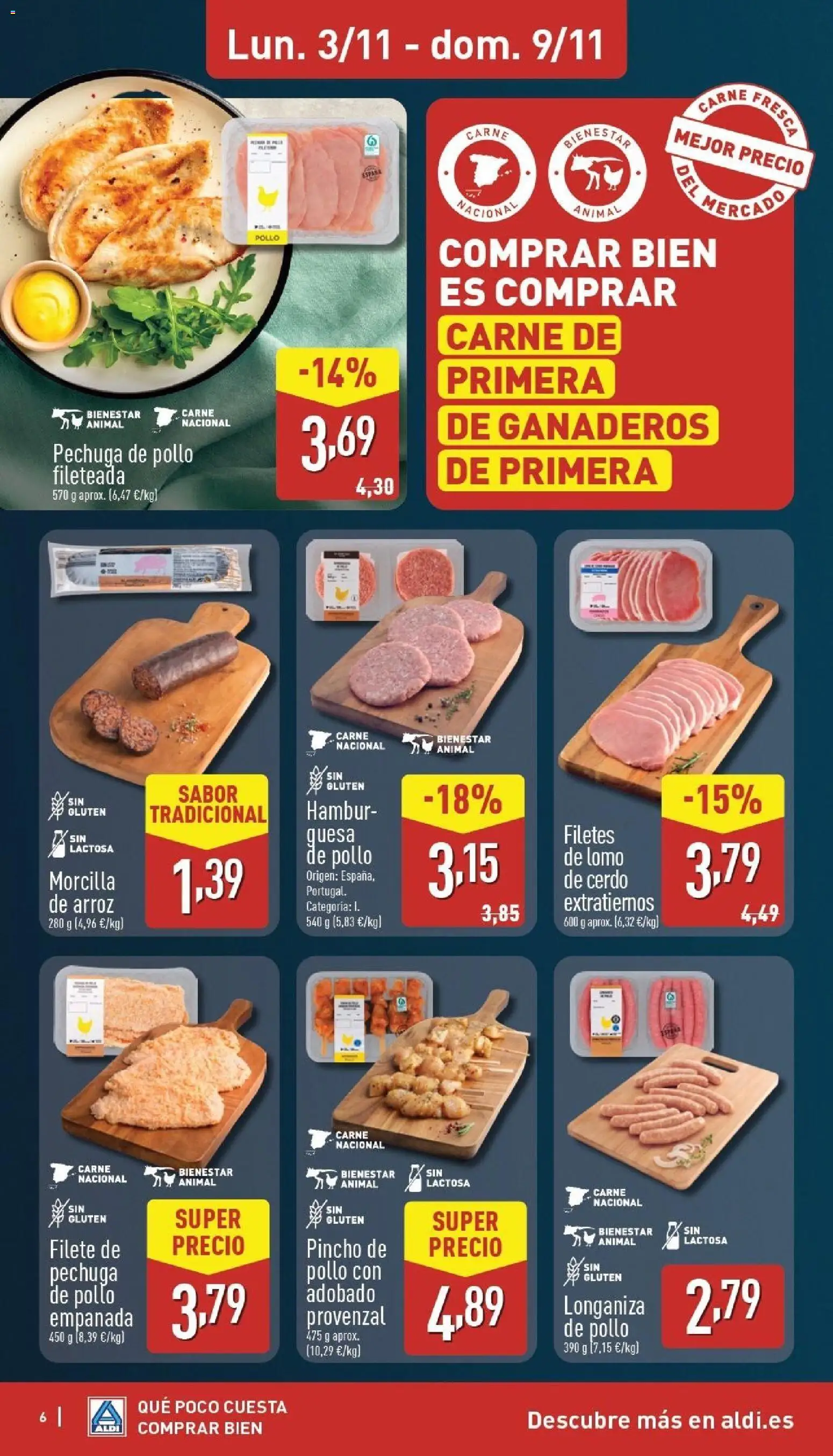 Aldi folleto Península │ válido desde el 03.11.2025 | Página: 6 | Productos: Pechuga de pollo fileteada, Arroz, Pechuga de pollo empanada, Filete