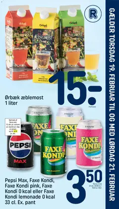 Pepsi Max, Faxe Kondi, Faxe Kondi pink, Faxe Kondi 0 kcal eller Faxe Kondi lemonade 0 kcal, 33 cl. Ex. pant gyldig fra 14.02.2026 | Side: 23