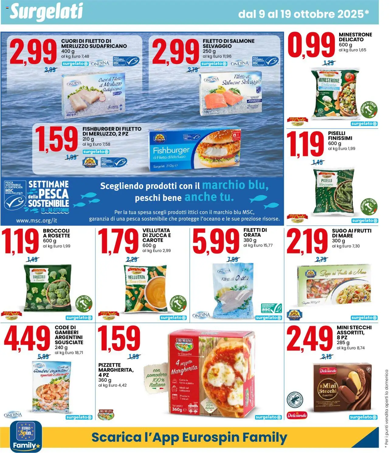 Volantino Eurospin del 09.10.2025 | Pagina: 8 | Prodotti: Salmone, Gamberi, Carote, Sugo