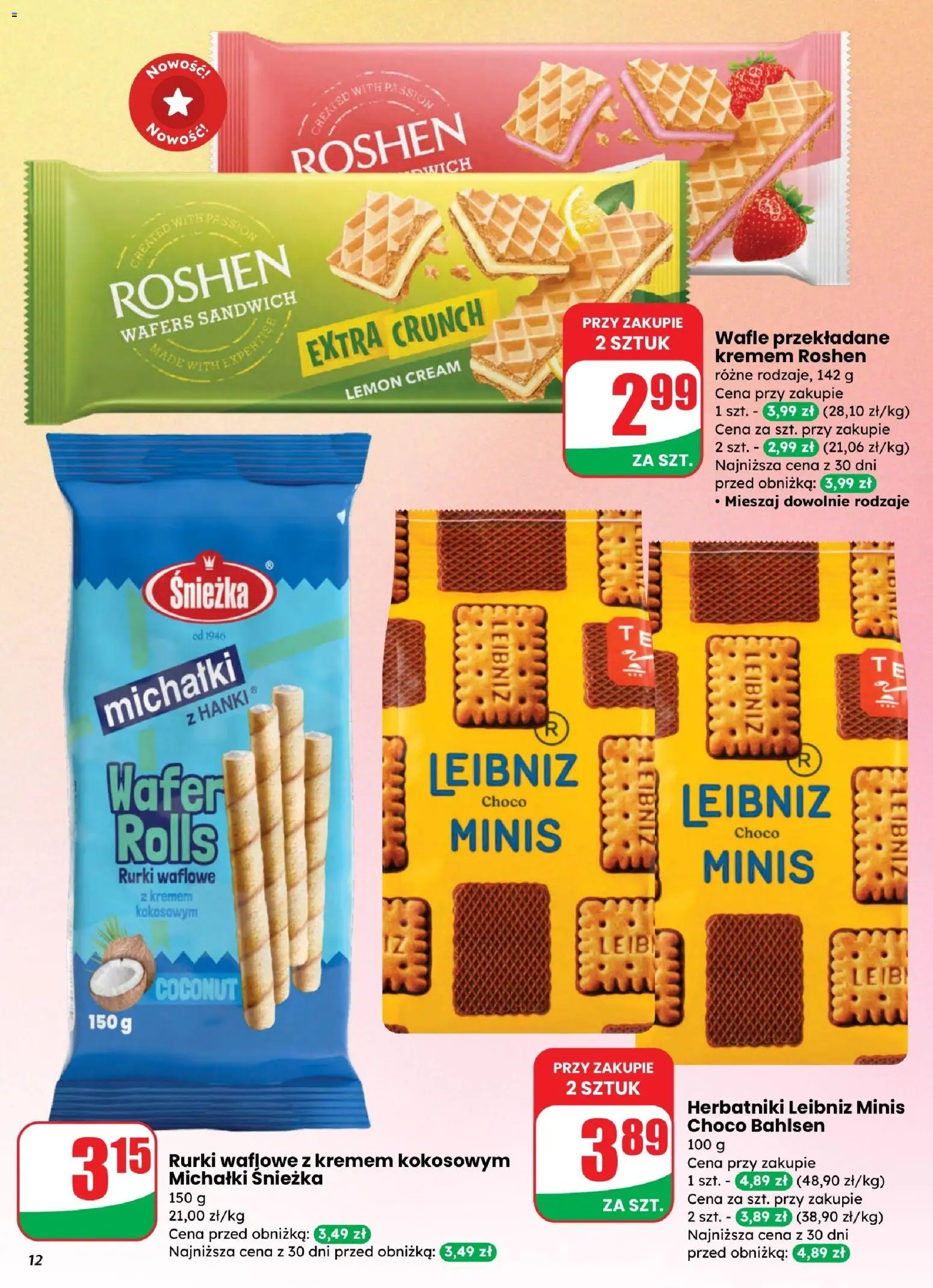 Dino gazetka od 25.03.2026 | Strona: 12 | Produkty: Wafle, Sandwich, Herbatniki, Rurki waflowe
