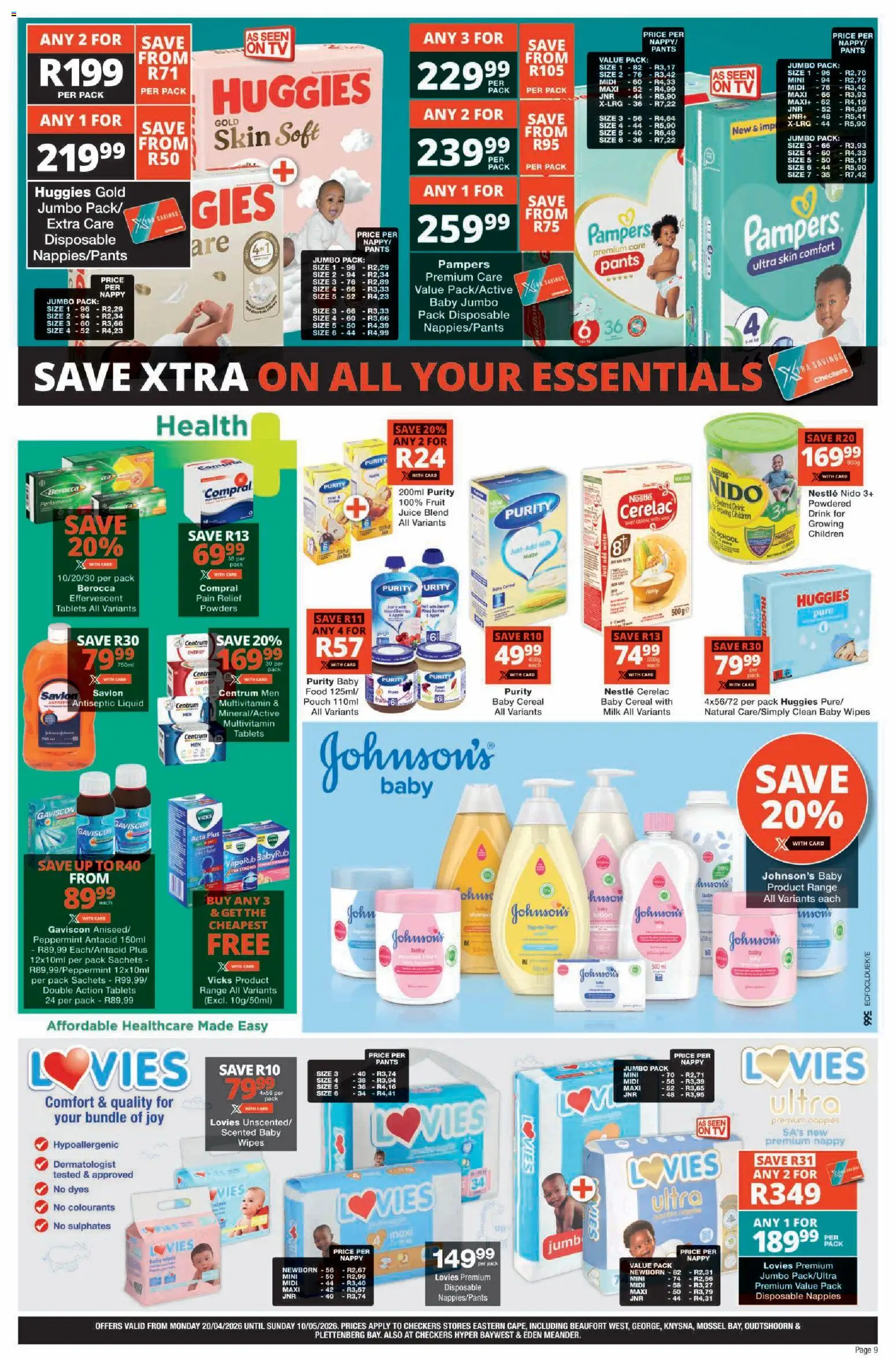 New Checkers catalogue – valid from 20.04.2026 | Page: 9 | Products: Pants, Juice, Nappies, Lotion