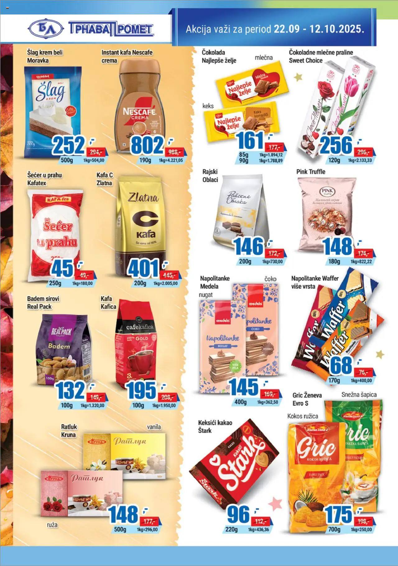 Trnava Promet katalog - važi od 22.09.2025 | Strana: 12 | Proizvode: Praline, Šlag krem, Ratluk, Napolitanke